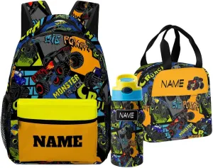 Custom Colorful Car Truck 3 Piece Set Kids Backpack with Lunch Bag Kids Water Bottle Personalized Name School Bag for Girls Boys Customized Bookbag Back to School