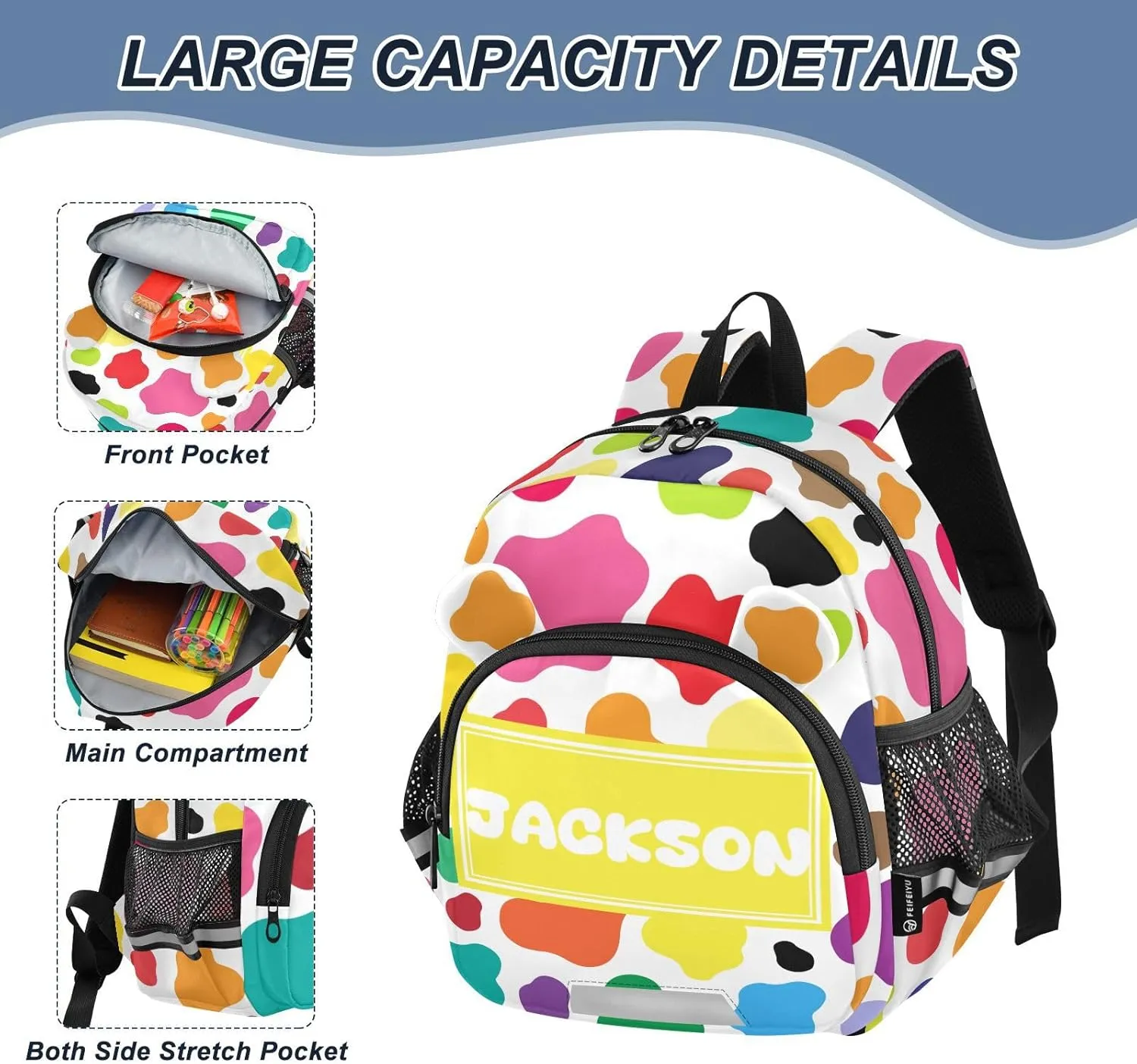 Custom Cow White Black Spot Preschool Backpack Colorful Daycare Bookbag School Backpack with Traction Rope Fashion Casual Cartoon School Travel Picnic Birthday for Kids 3-6