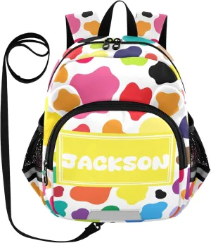 Custom Cow White Black Spot Preschool Backpack Colorful Daycare Bookbag School Backpack with Traction Rope Fashion Casual Cartoon School Travel Picnic Birthday for Kids 3-6