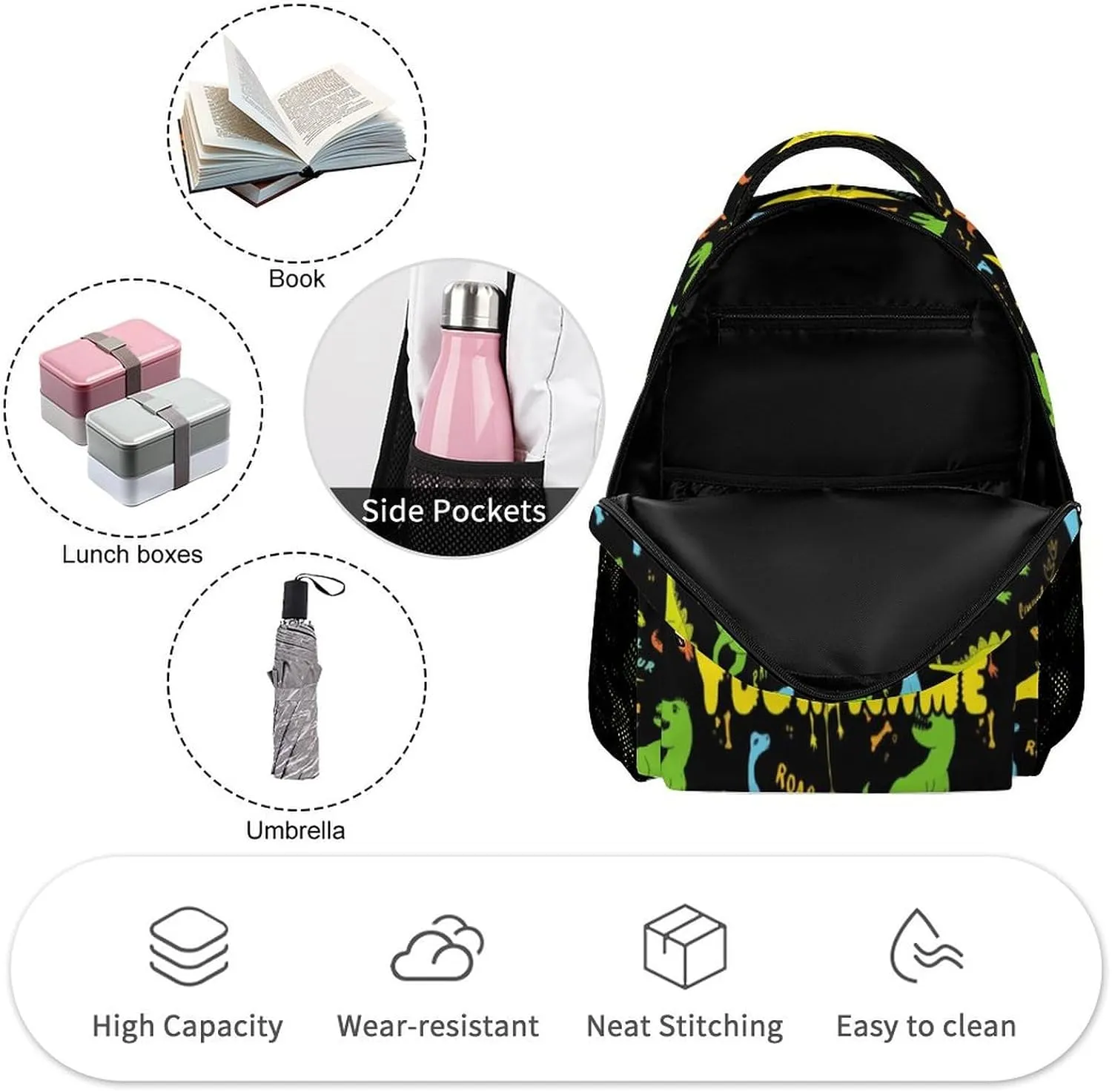 Custom Dinosaur Backpack for Kids Girls Boys School, 16 Inches Cute Jurassic Dinosaurs Theme Bookbag, Adjustable, Lightweight, Large Capacity, Colorful Daily Casual Backpacks
