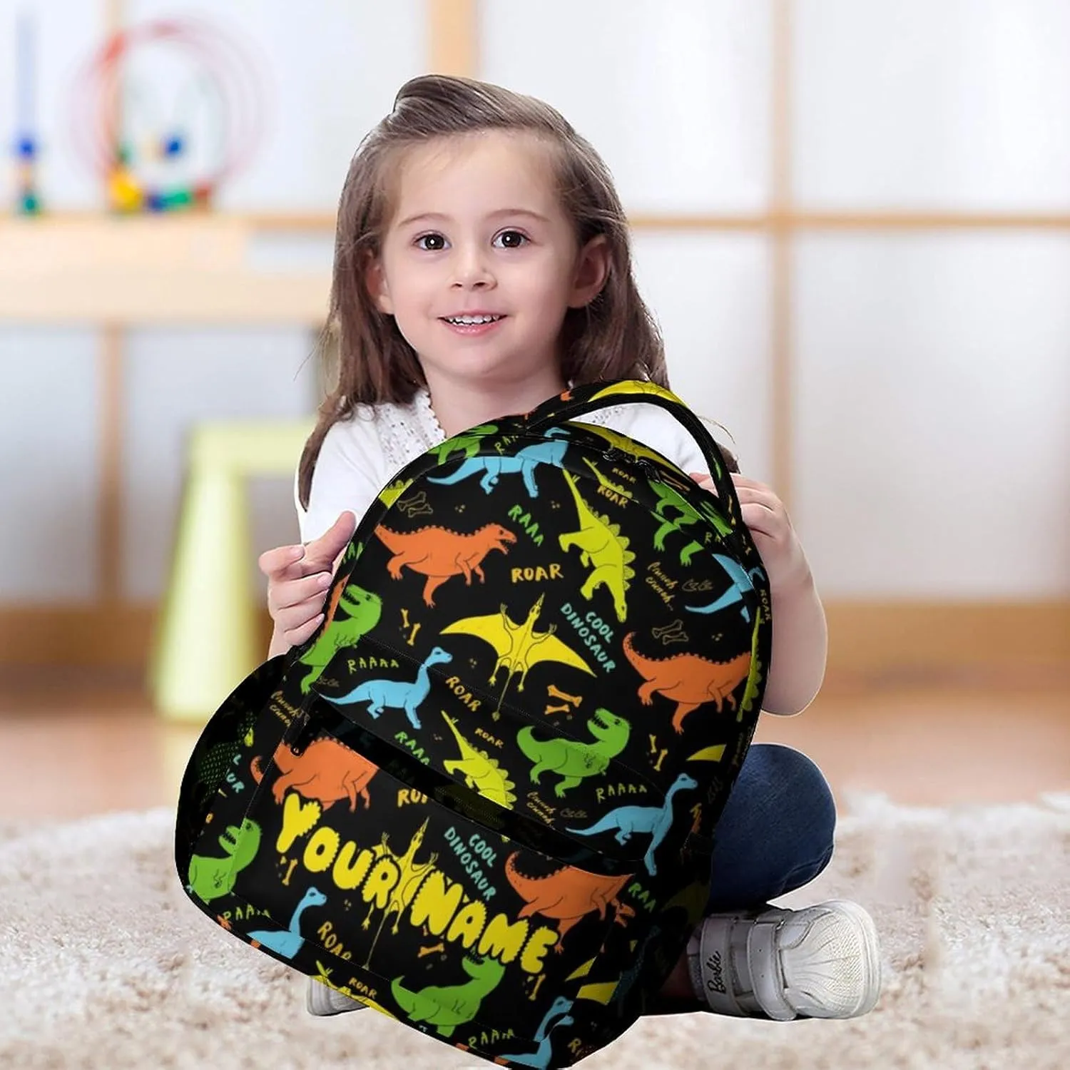 Custom Dinosaur Backpack for Kids Girls Boys School, 16 Inches Cute Jurassic Dinosaurs Theme Bookbag, Adjustable, Lightweight, Large Capacity, Colorful Daily Casual Backpacks