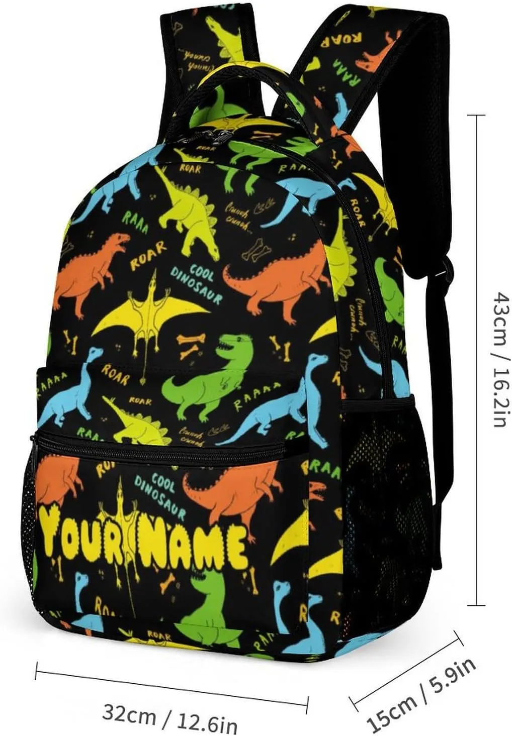 Custom Dinosaur Backpack for Kids Girls Boys School, 16 Inches Cute Jurassic Dinosaurs Theme Bookbag, Adjustable, Lightweight, Large Capacity, Colorful Daily Casual Backpacks