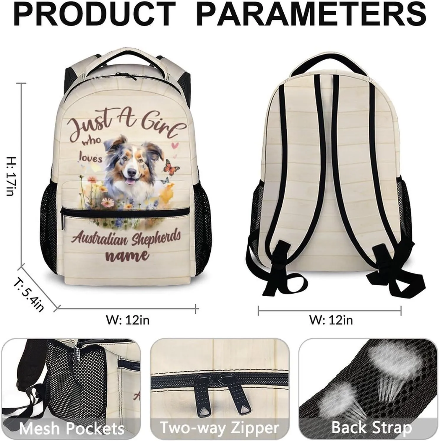 Custom Dog Backpack with Name Text, 17" Cute Australian Shepherd Backpack for Kids Girls Women, Custom Lightweight Bookbag for School Travel, Gifts for Dog Lovers