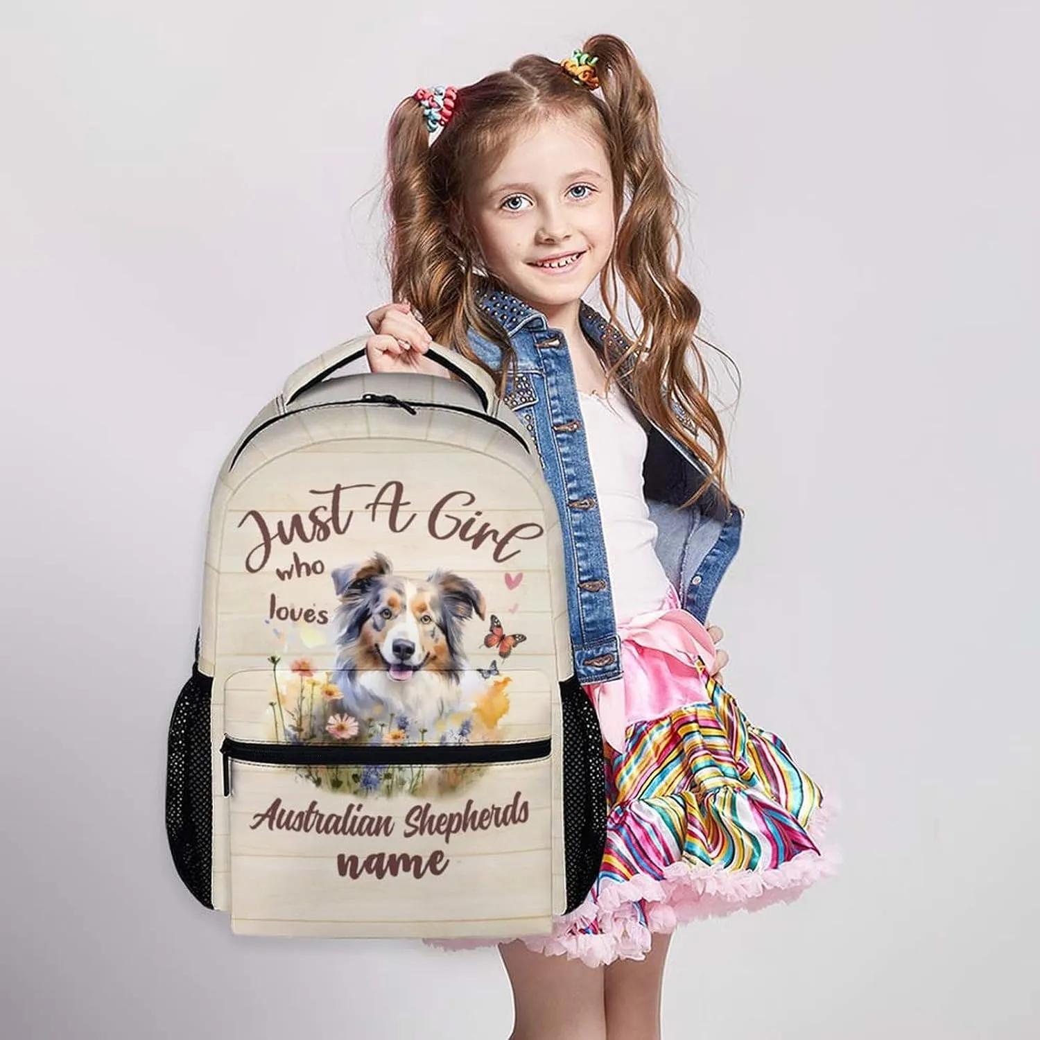 Custom Dog Backpack with Name Text, 17" Cute Australian Shepherd Backpack for Kids Girls Women, Custom Lightweight Bookbag for School Travel, Gifts for Dog Lovers