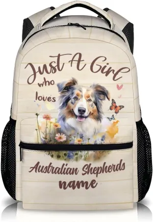 Custom Dog Backpack with Name Text, 17" Cute Australian Shepherd Backpack for Kids Girls Women, Custom Lightweight Bookbag for School Travel, Gifts for Dog Lovers