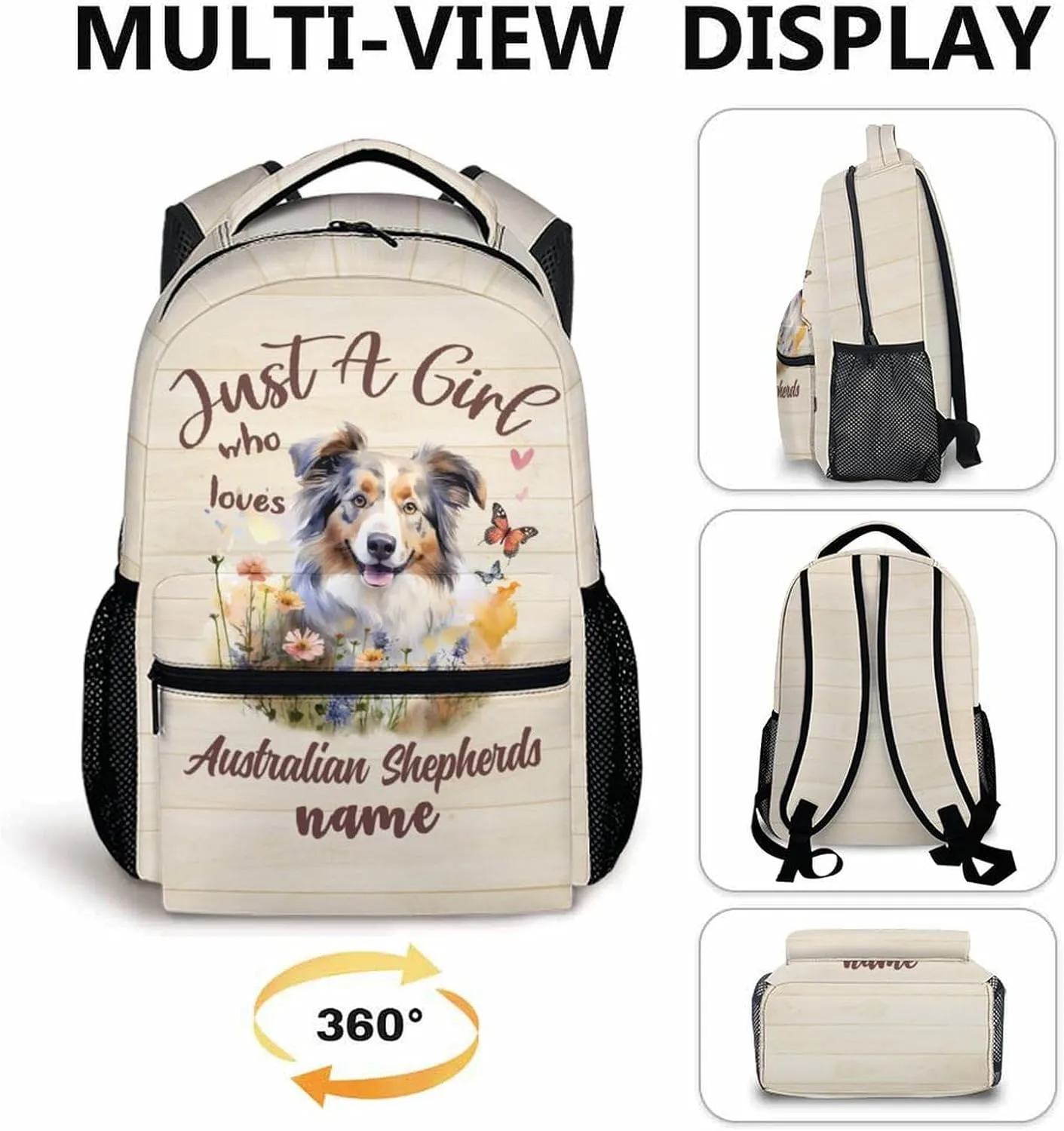 Custom Dog Backpack with Name Text, 17" Cute Australian Shepherd Backpack for Kids Girls Women, Custom Lightweight Bookbag for School Travel, Gifts for Dog Lovers