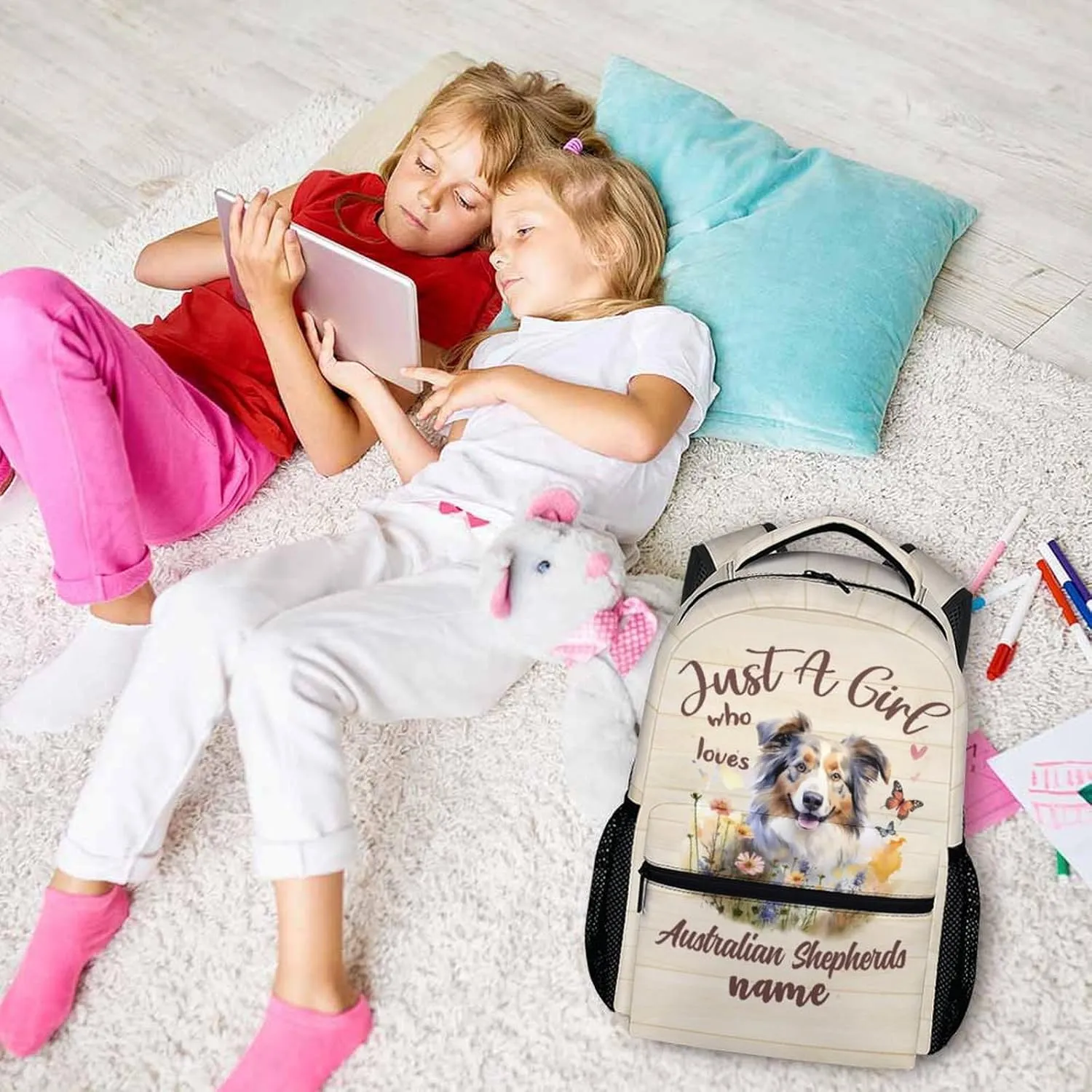 Custom Dog Backpack with Name Text, 17" Cute Australian Shepherd Backpack for Kids Girls Women, Custom Lightweight Bookbag for School Travel, Gifts for Dog Lovers