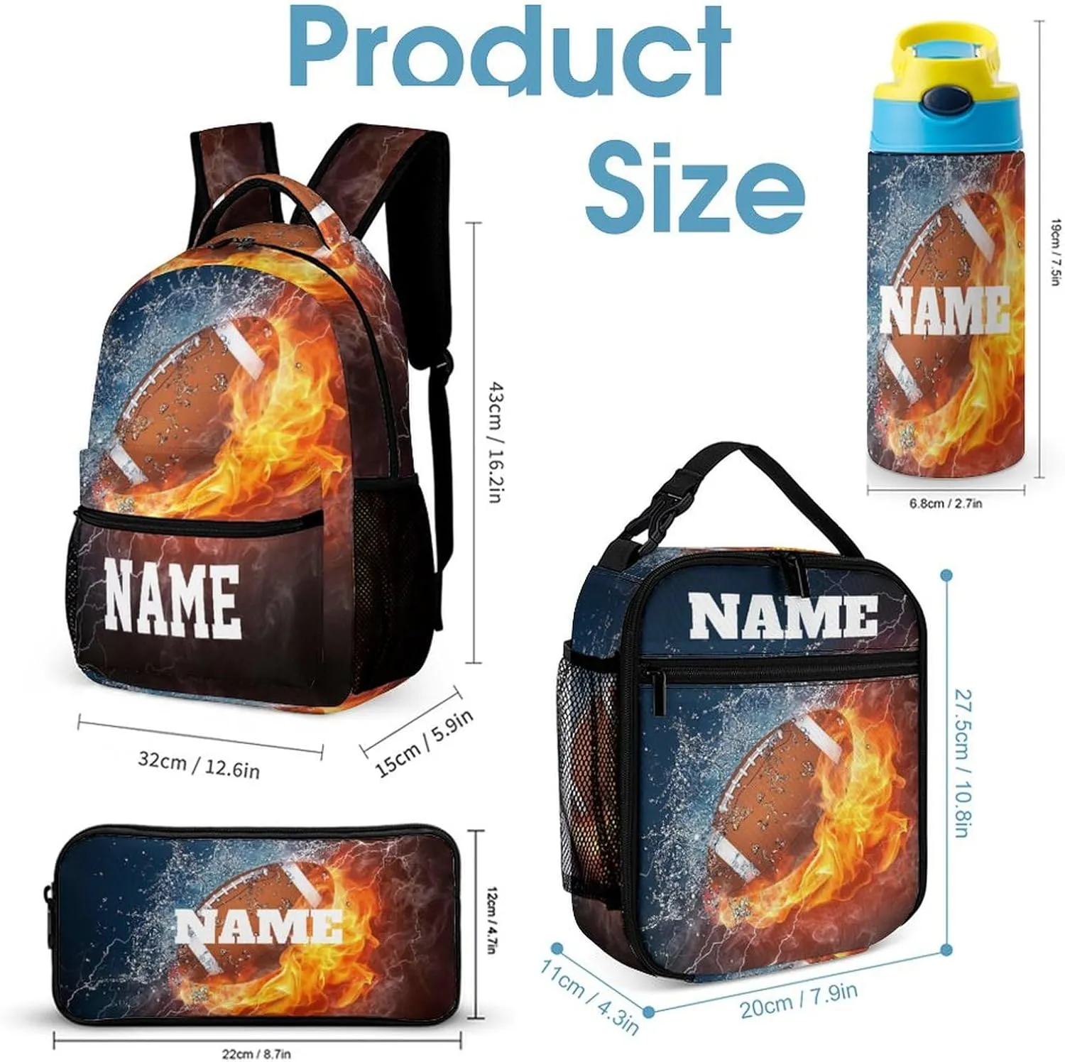 Custom Fire American Football 4Pcs Backpack Set with Lunch Bag Pencil Case Water Bottle Personalized Name Text School Book Bags Customized Backpack Set for Girls Boys Kids
