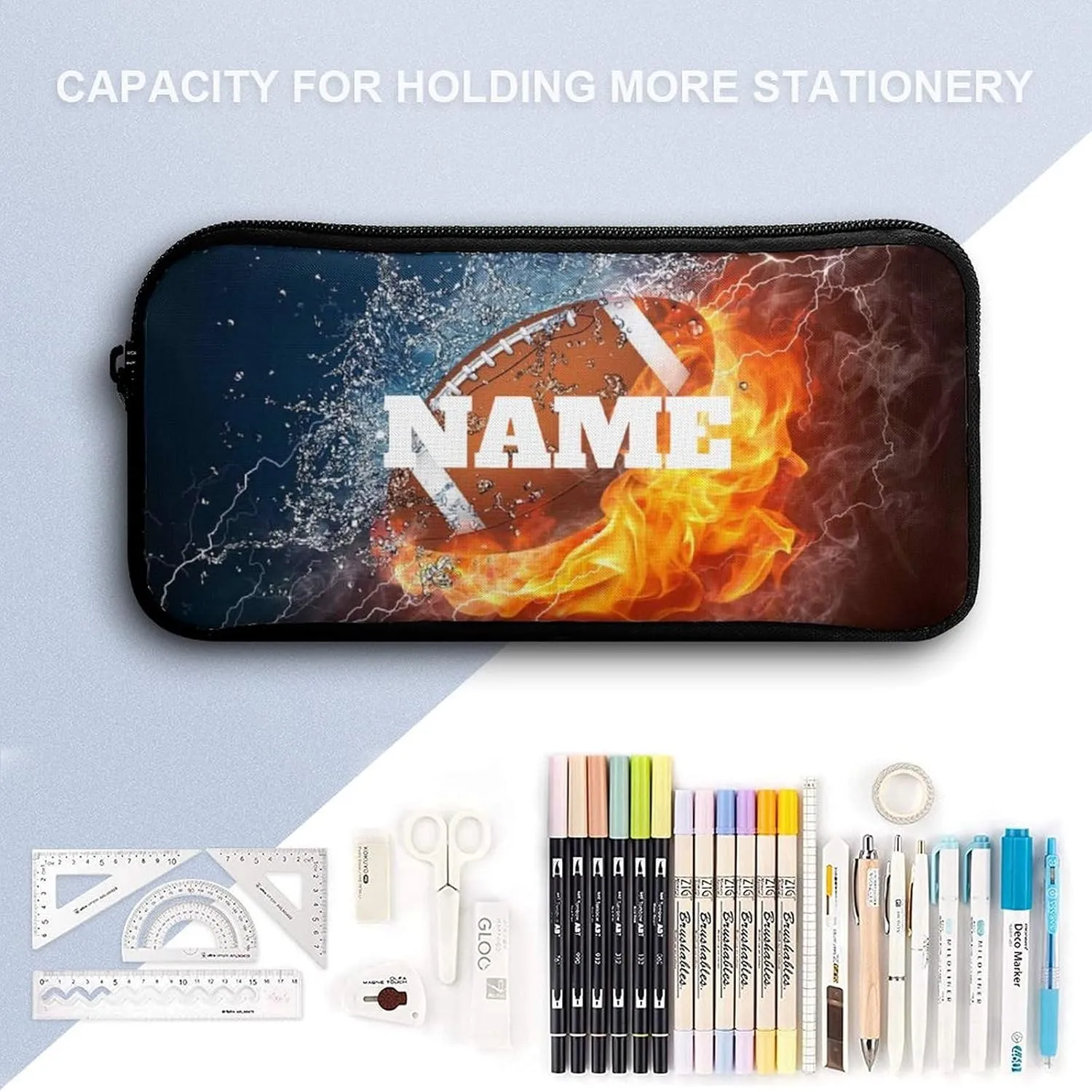 Custom Fire American Football 4Pcs Backpack Set with Lunch Bag Pencil Case Water Bottle Personalized Name Text School Book Bags Customized Backpack Set for Girls Boys Kids