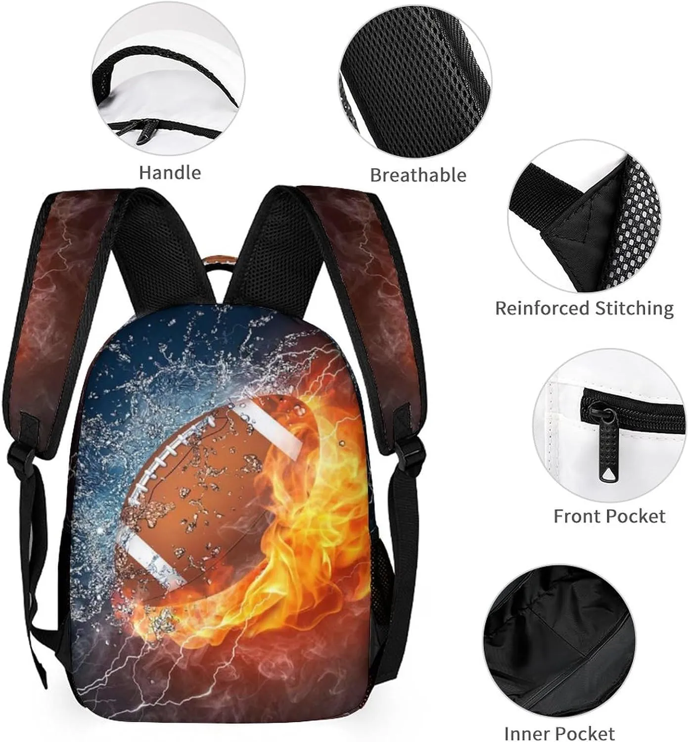 Custom Fire American Football 4Pcs Backpack Set with Lunch Bag Pencil Case Water Bottle Personalized Name Text School Book Bags Customized Backpack Set for Girls Boys Kids