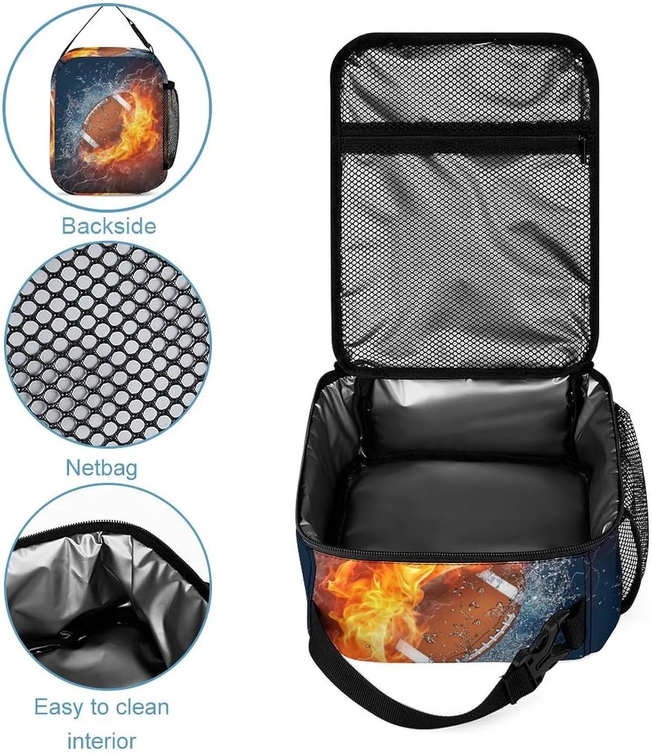 Custom Fire American Football 4Pcs Backpack Set with Lunch Bag Pencil Case Water Bottle Personalized Name Text School Book Bags Customized Backpack Set for Girls Boys Kids
