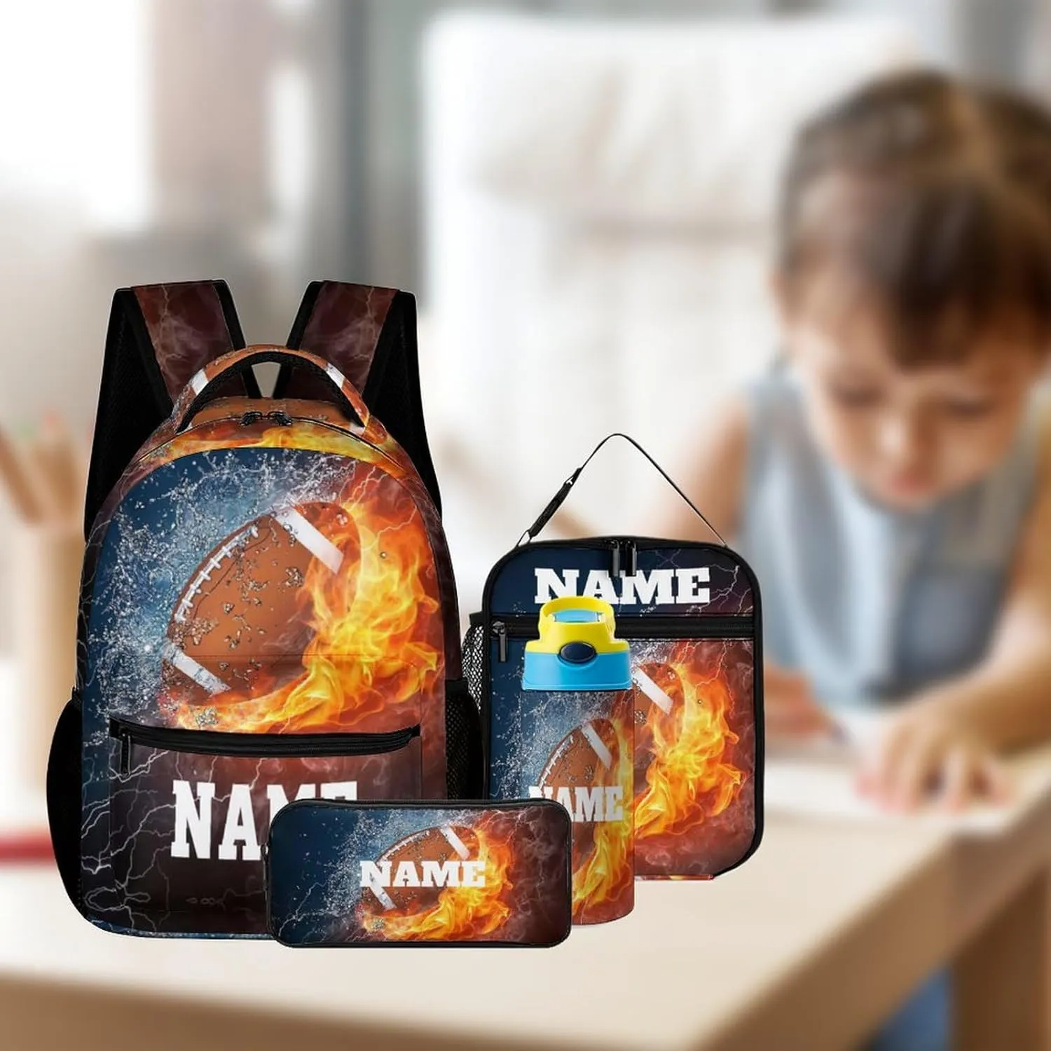 Custom Fire American Football 4Pcs Backpack Set with Lunch Bag Pencil Case Water Bottle Personalized Name Text School Book Bags Customized Backpack Set for Girls Boys Kids