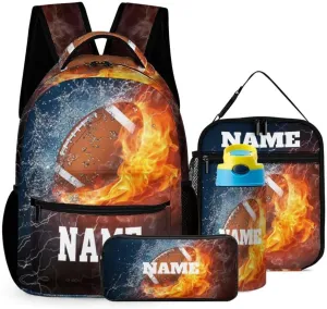Custom Fire American Football 4Pcs Backpack Set with Lunch Bag Pencil Case Water Bottle Personalized Name Text School Book Bags Customized Backpack Set for Girls Boys Kids