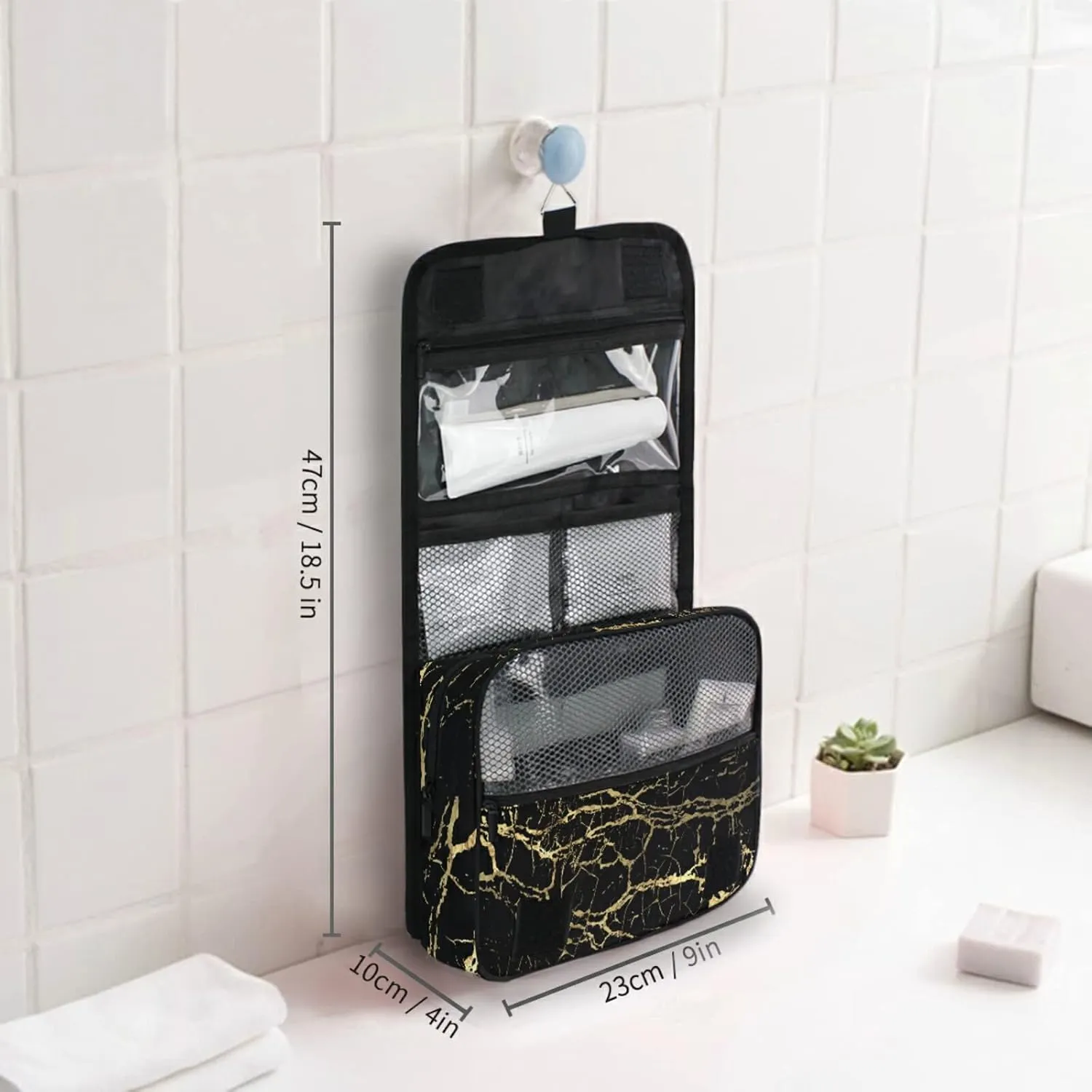 Custom Golden Marble Travel Hanging Toiletry Bag Personalized Makeup Large Customized Cosmetic Bag Makeup Organizer Bag Waterproof for Bathroom Full-Sized Shampoo Conditioner