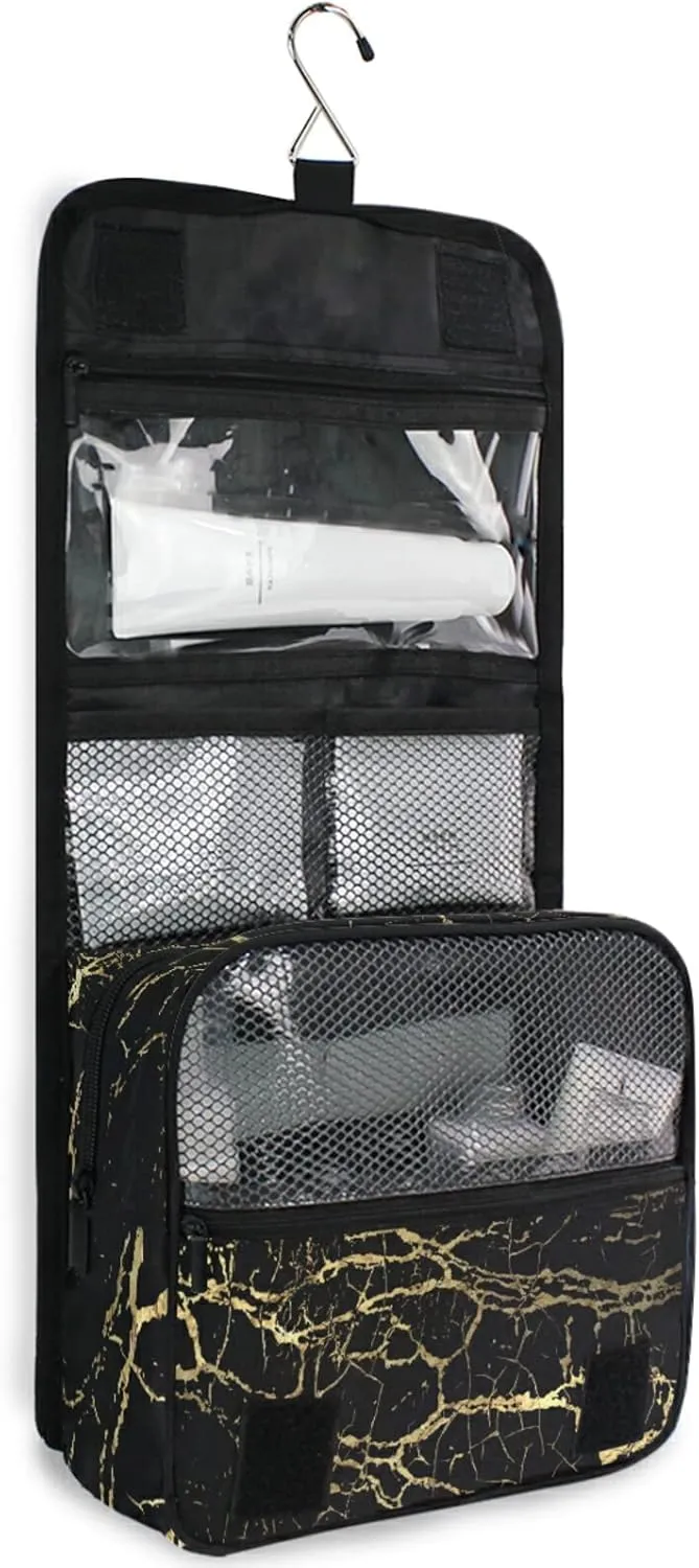 Custom Golden Marble Travel Hanging Toiletry Bag Personalized Makeup Large Customized Cosmetic Bag Makeup Organizer Bag Waterproof for Bathroom Full-Sized Shampoo Conditioner