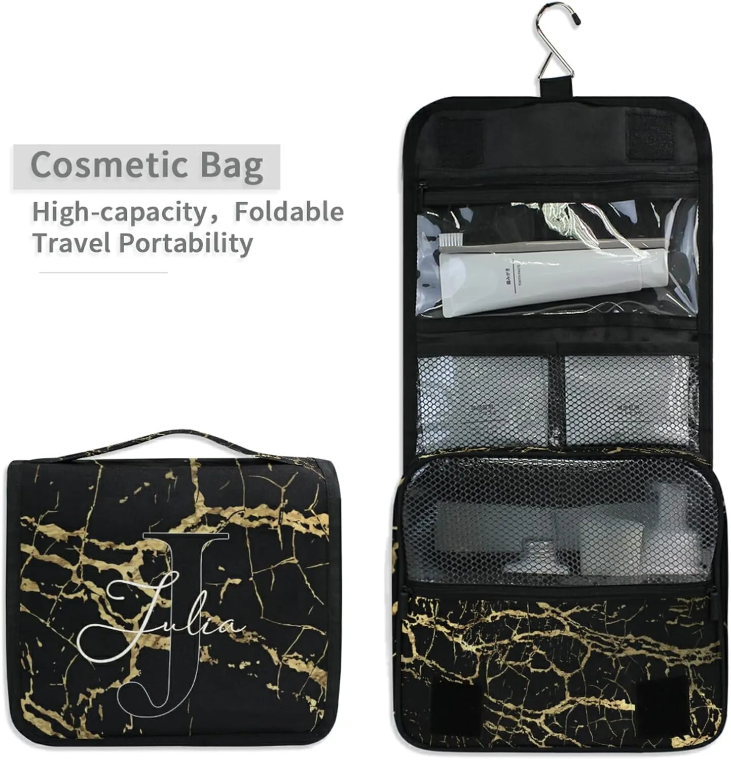 Custom Golden Marble Travel Hanging Toiletry Bag Personalized Makeup Large Customized Cosmetic Bag Makeup Organizer Bag Waterproof for Bathroom Full-Sized Shampoo Conditioner