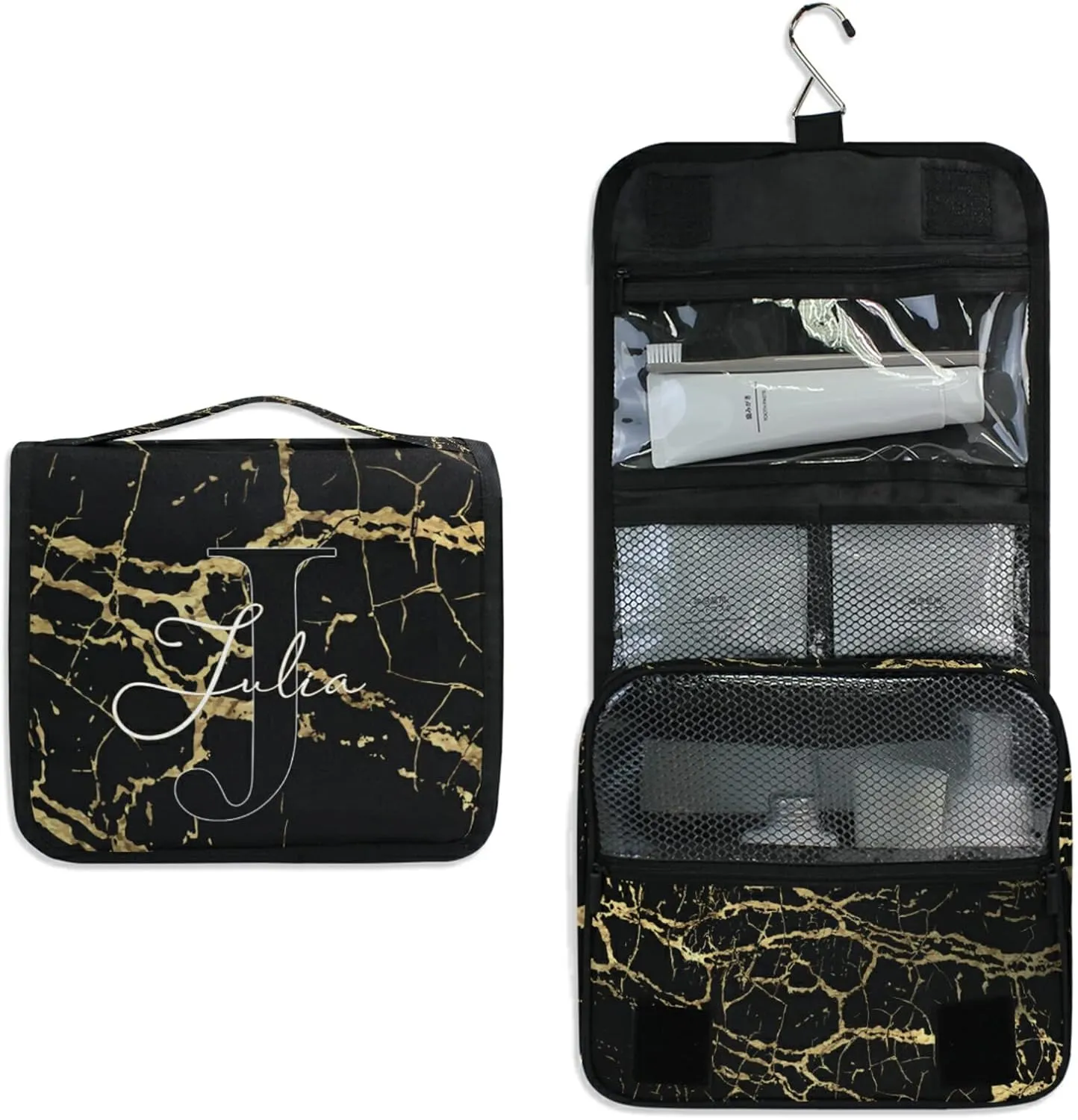 Custom Golden Marble Travel Hanging Toiletry Bag Personalized Makeup Large Customized Cosmetic Bag Makeup Organizer Bag Waterproof for Bathroom Full-Sized Shampoo Conditioner