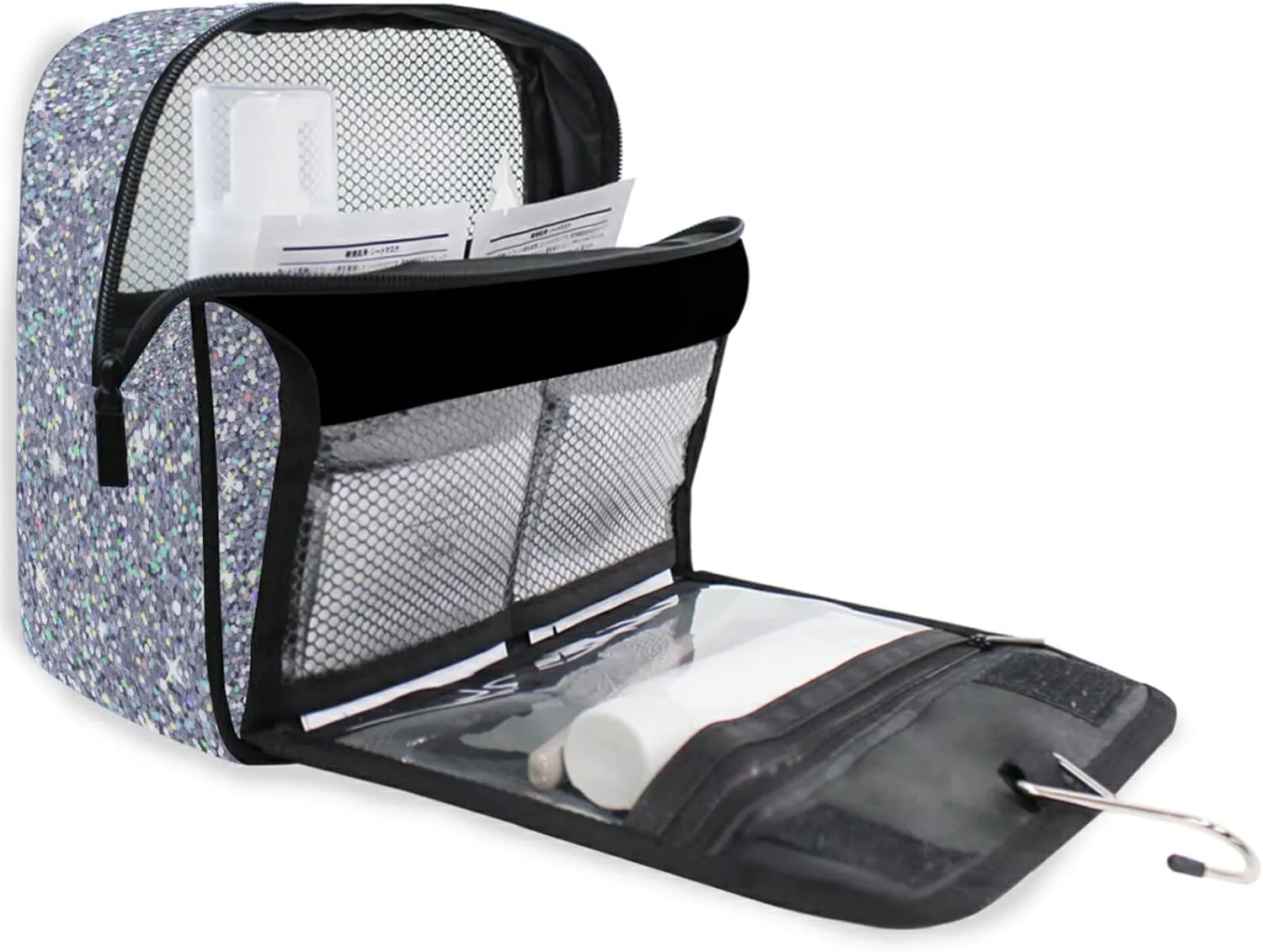 Custom Grey Glitter PATTERN Travel Hanging Toiletry Bag Personalized Makeup Large Customized Cosmetic Bag Makeup Bag Organizer Waterproof for Women Girls Beauty