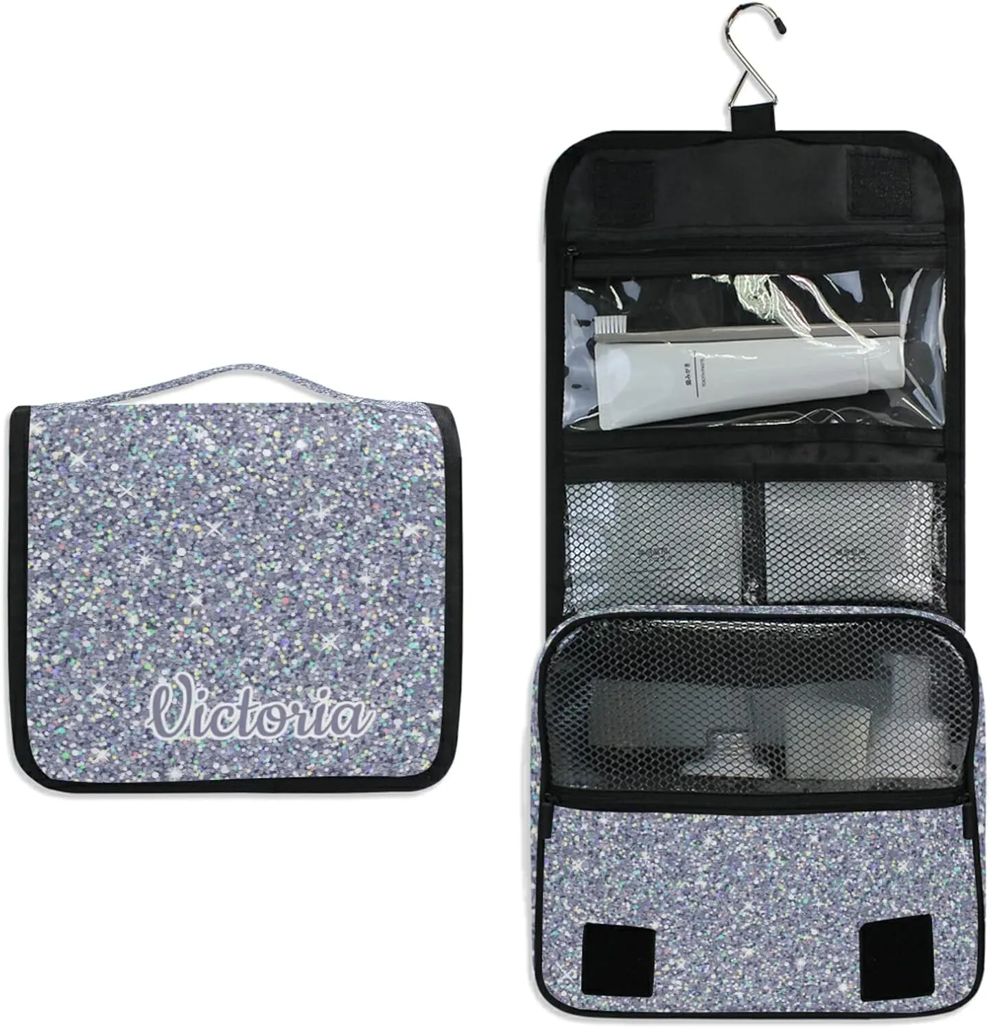 Custom Grey Glitter PATTERN Travel Hanging Toiletry Bag Personalized Makeup Large Customized Cosmetic Bag Makeup Bag Organizer Waterproof for Women Girls Beauty