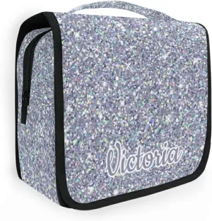 Custom Grey Glitter PATTERN Travel Hanging Toiletry Bag Personalized Makeup Large Customized Cosmetic Bag Makeup Bag Organizer Waterproof for Women Girls Beauty