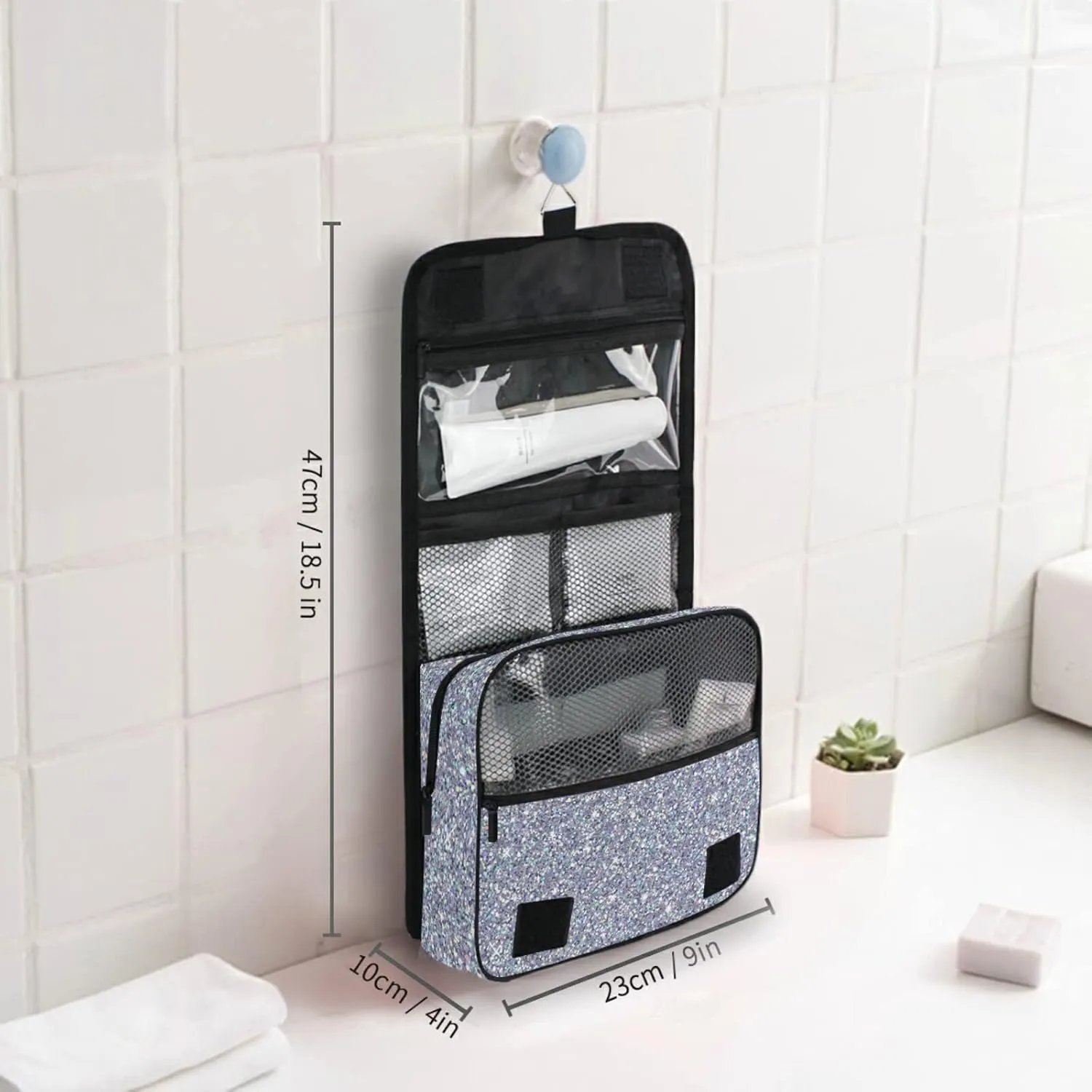 Custom Grey Glitter PATTERN Travel Hanging Toiletry Bag Personalized Makeup Large Customized Cosmetic Bag Makeup Bag Organizer Waterproof for Women Girls Beauty