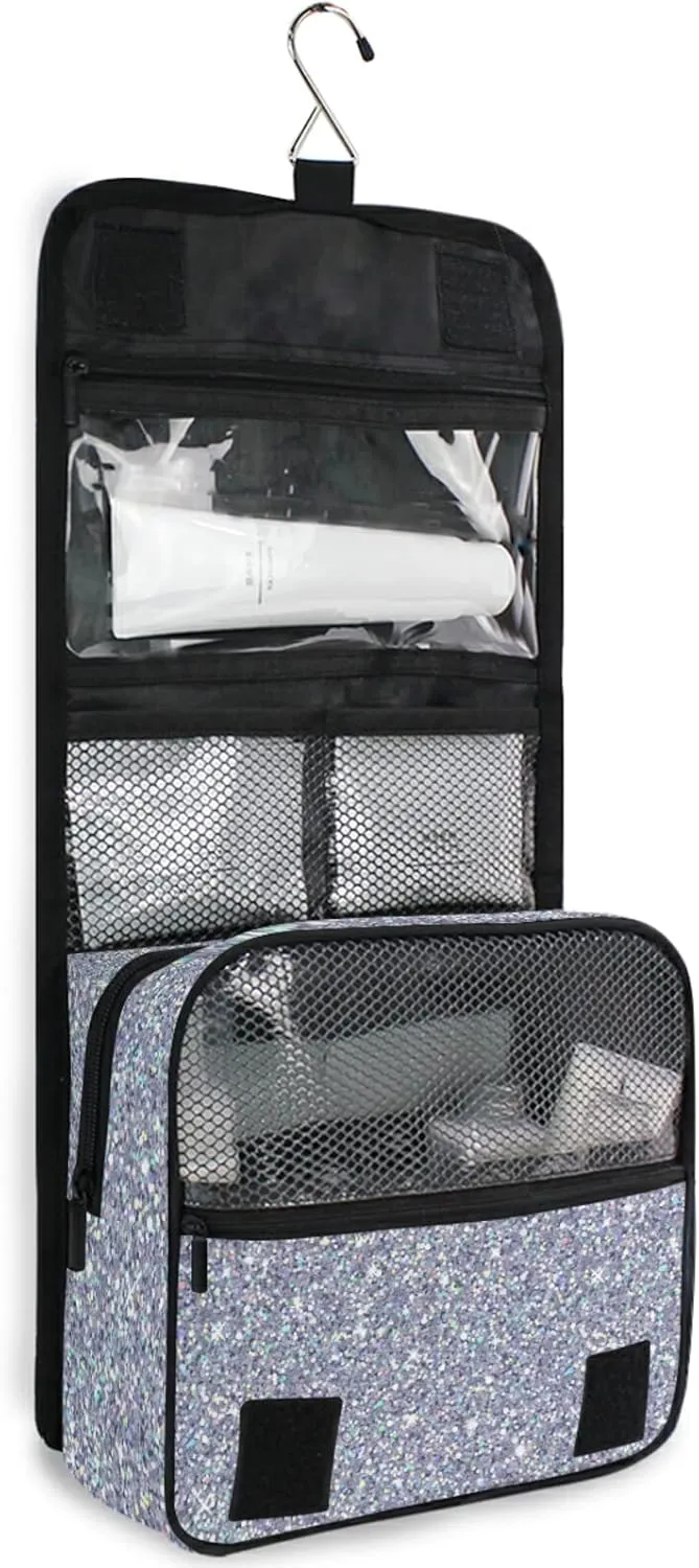 Custom Grey Glitter PATTERN Travel Hanging Toiletry Bag Personalized Makeup Large Customized Cosmetic Bag Makeup Bag Organizer Waterproof for Women Girls Beauty