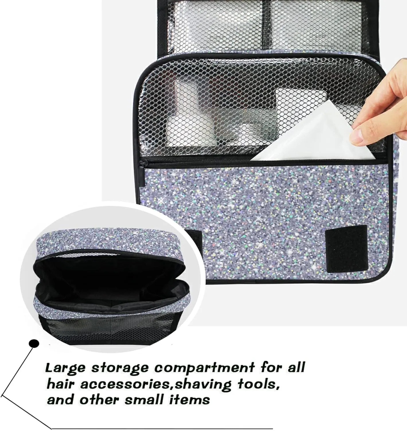 Custom Grey Glitter PATTERN Travel Hanging Toiletry Bag Personalized Makeup Large Customized Cosmetic Bag Makeup Bag Organizer Waterproof for Women Girls Beauty