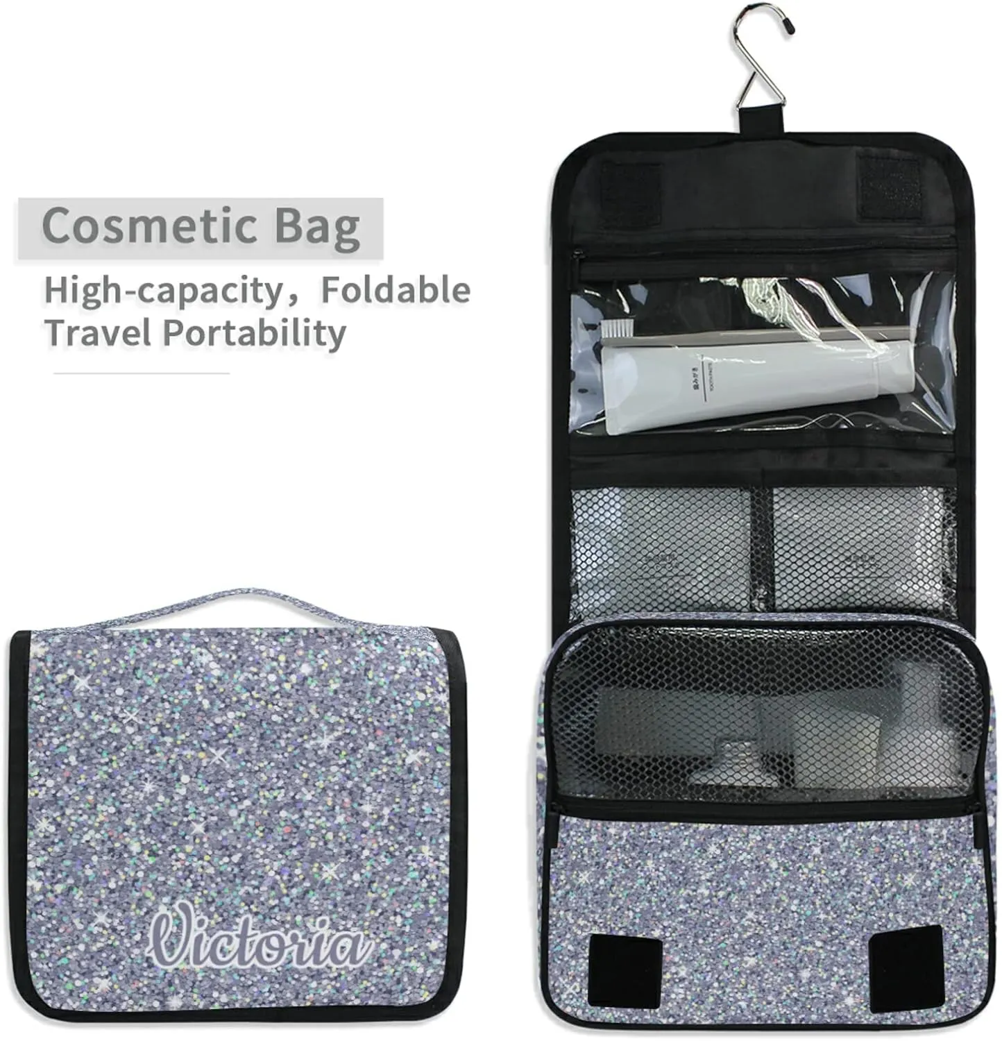 Custom Grey Glitter PATTERN Travel Hanging Toiletry Bag Personalized Makeup Large Customized Cosmetic Bag Makeup Bag Organizer Waterproof for Women Girls Beauty