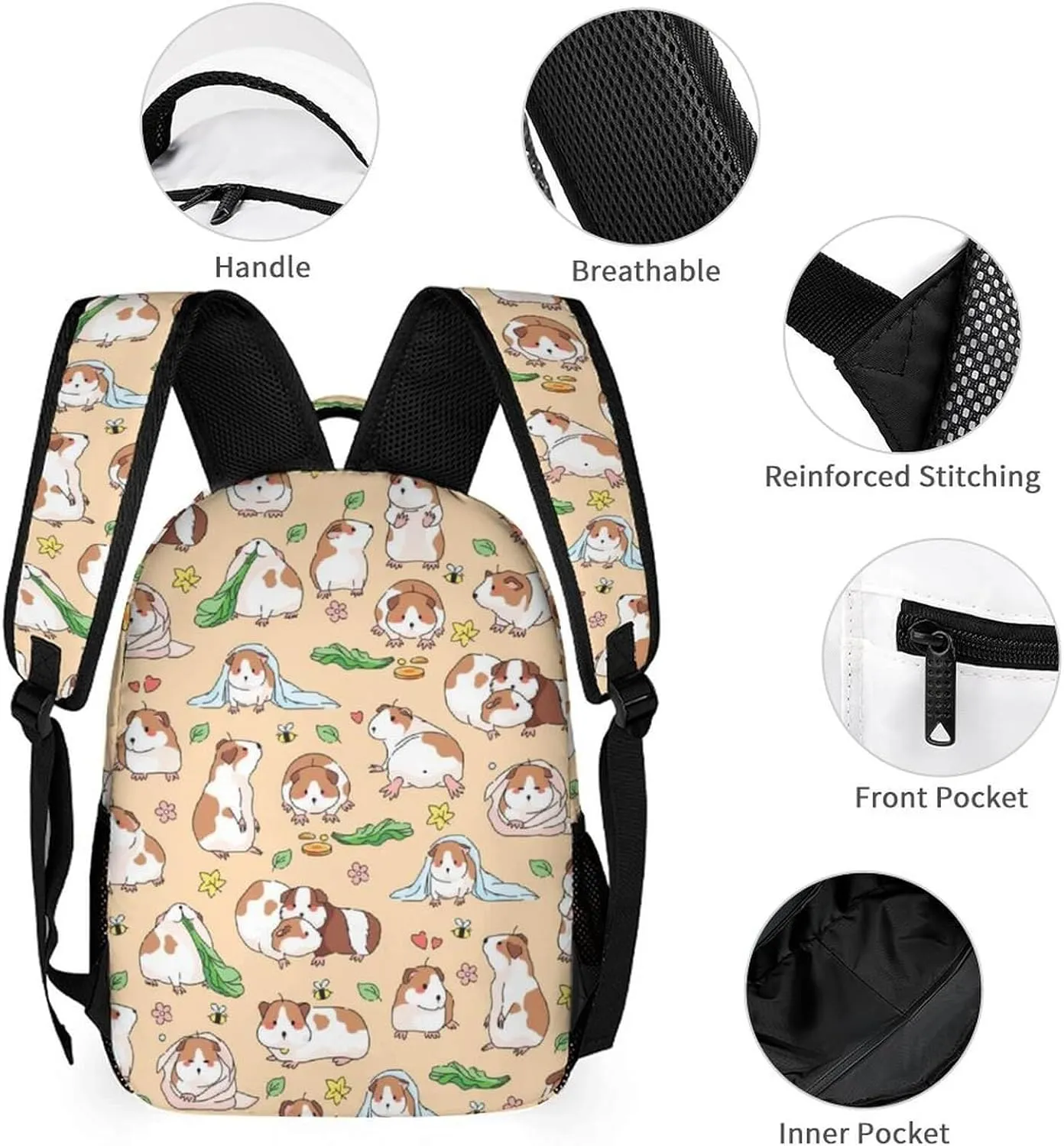 Custom Guinea Pig Backpack with Lunch Box & Pencil Case, 16 Inch Cute Guinea Pig Themed Bookbag, Adjustable Lightweight Large Capacity, Colorful Guinea Pig Backpack Set for Kids Girls Boys School