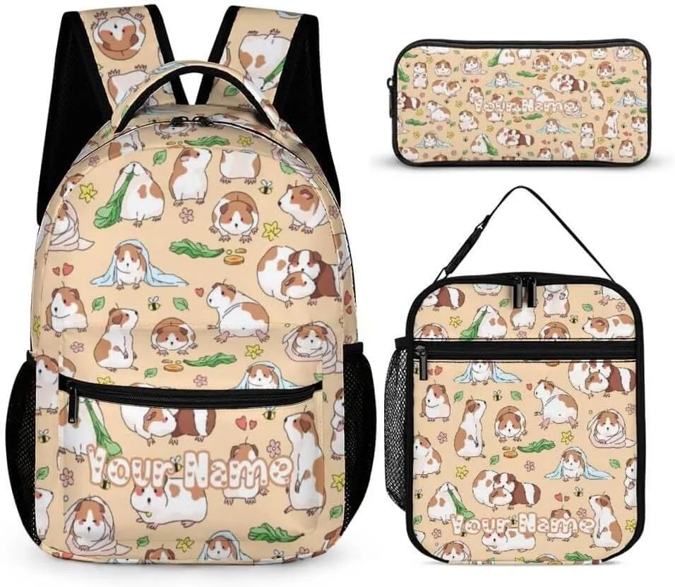 Custom Guinea Pig Backpack with Lunch Box & Pencil Case, 16 Inch Cute Guinea Pig Themed Bookbag, Adjustable Lightweight Large Capacity, Colorful Guinea Pig Backpack Set for Kids Girls Boys School