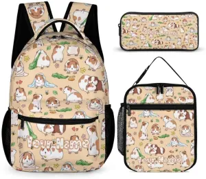Custom Guinea Pig Backpack with Lunch Box & Pencil Case, 16 Inch Cute Guinea Pig Themed Bookbag, Adjustable Lightweight Large Capacity, Colorful Guinea Pig Backpack Set for Kids Girls Boys School