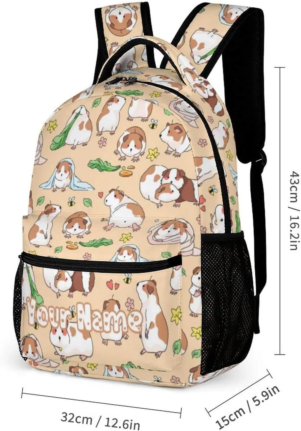 Custom Guinea Pig Backpack with Lunch Box & Pencil Case, 16 Inch Cute Guinea Pig Themed Bookbag, Adjustable Lightweight Large Capacity, Colorful Guinea Pig Backpack Set for Kids Girls Boys School