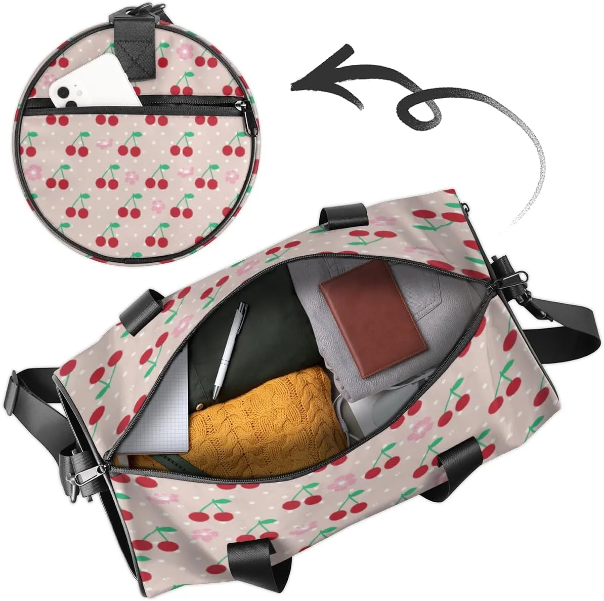 Custom Gym Bag for Women Men with Name, Personalized Cherries Duffel Bag for Sports, Waterproof Dance Bag, Lightweight Carryon Gym Bag, Fruit