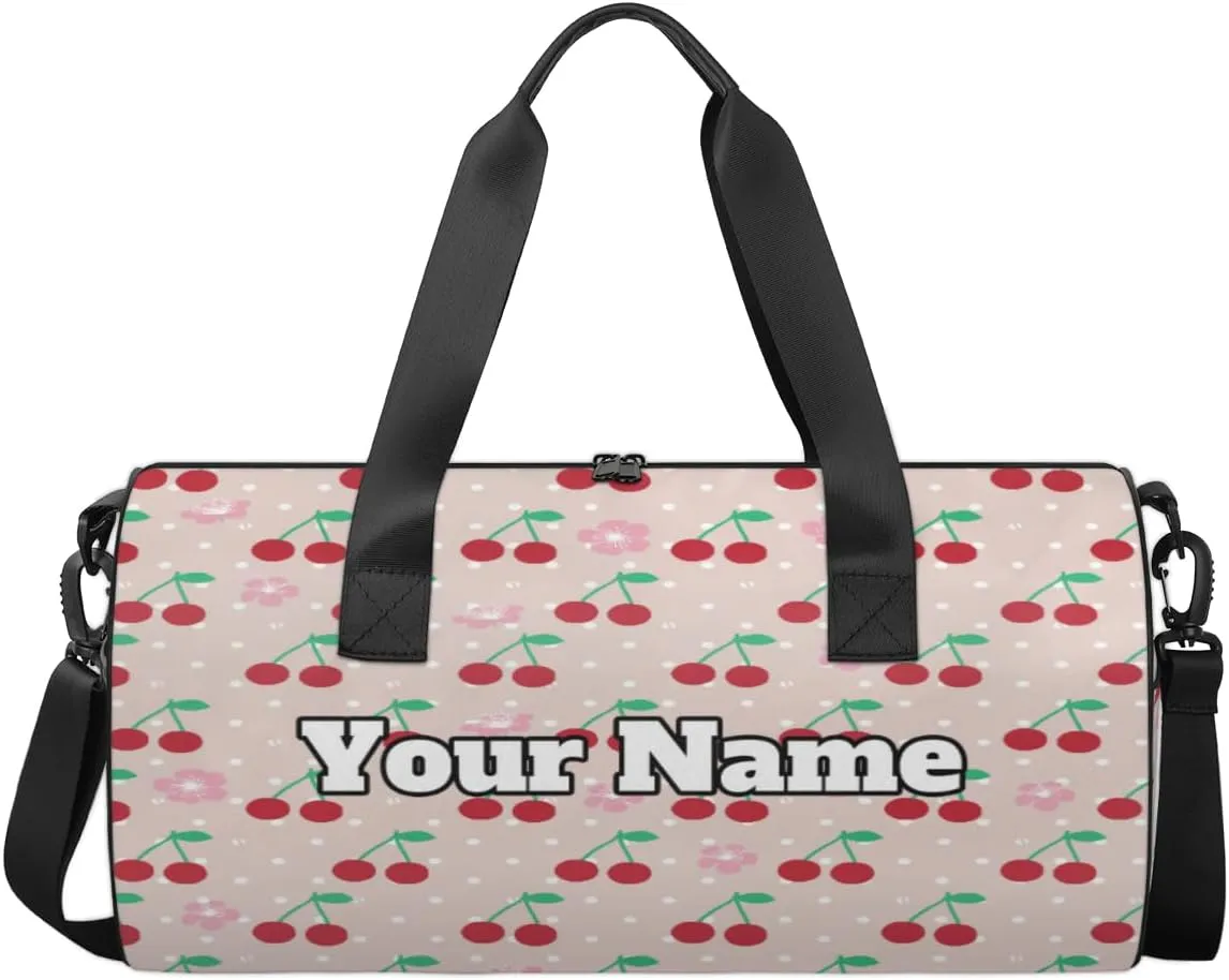 Custom Gym Bag for Women Men with Name, Personalized Cherries Duffel Bag for Sports, Waterproof Dance Bag, Lightweight Carryon Gym Bag, Fruit