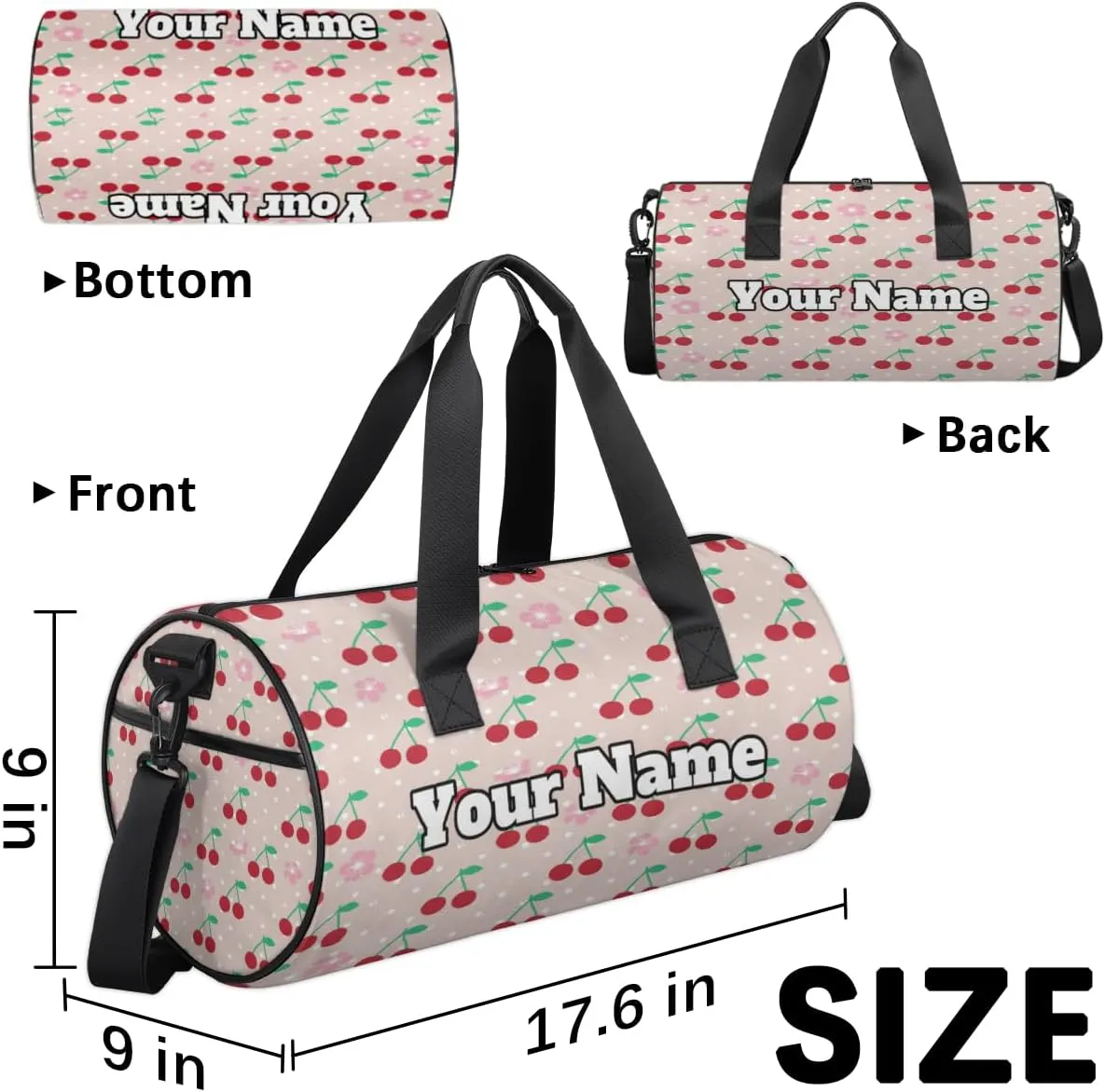 Custom Gym Bag for Women Men with Name, Personalized Cherries Duffel Bag for Sports, Waterproof Dance Bag, Lightweight Carryon Gym Bag, Fruit