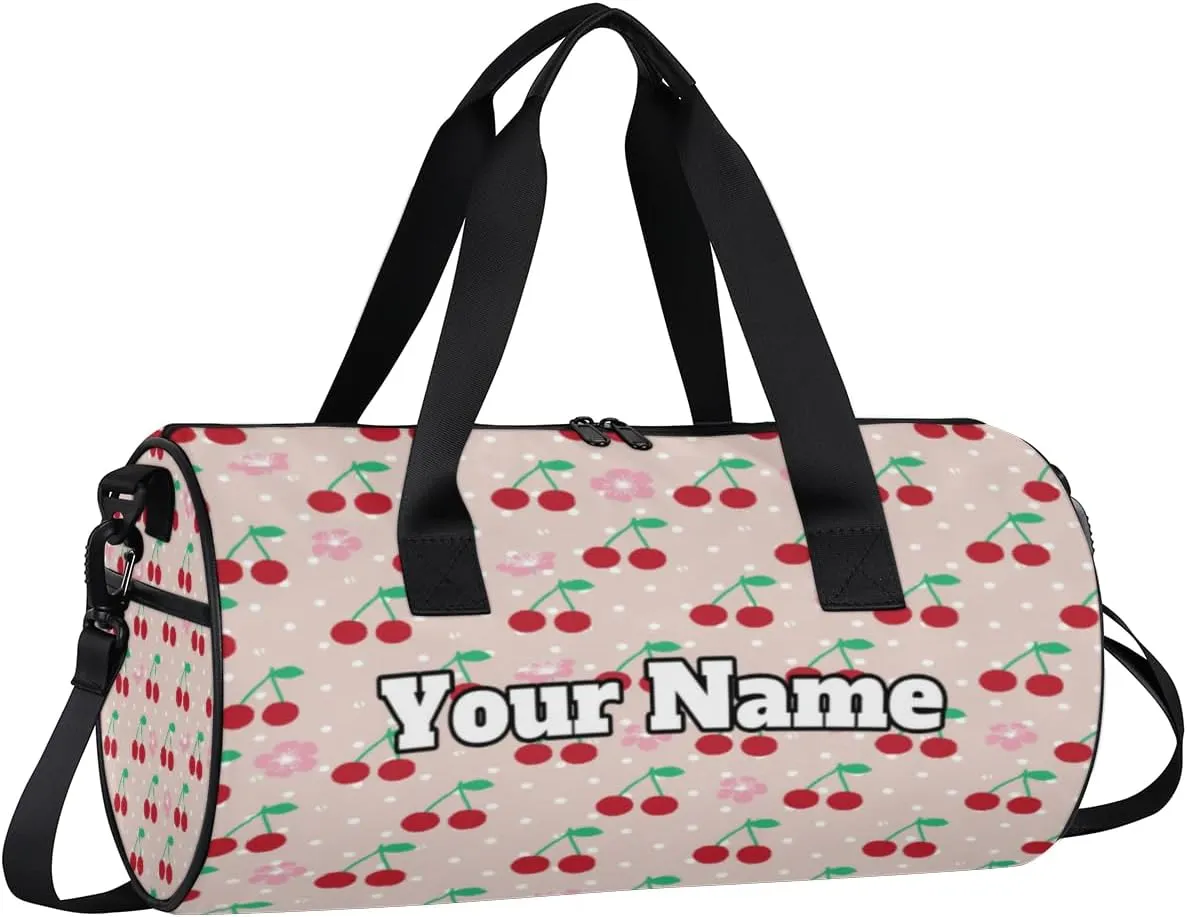 Custom Gym Bag for Women Men with Name, Personalized Cherries Duffel Bag for Sports, Waterproof Dance Bag, Lightweight Carryon Gym Bag, Fruit