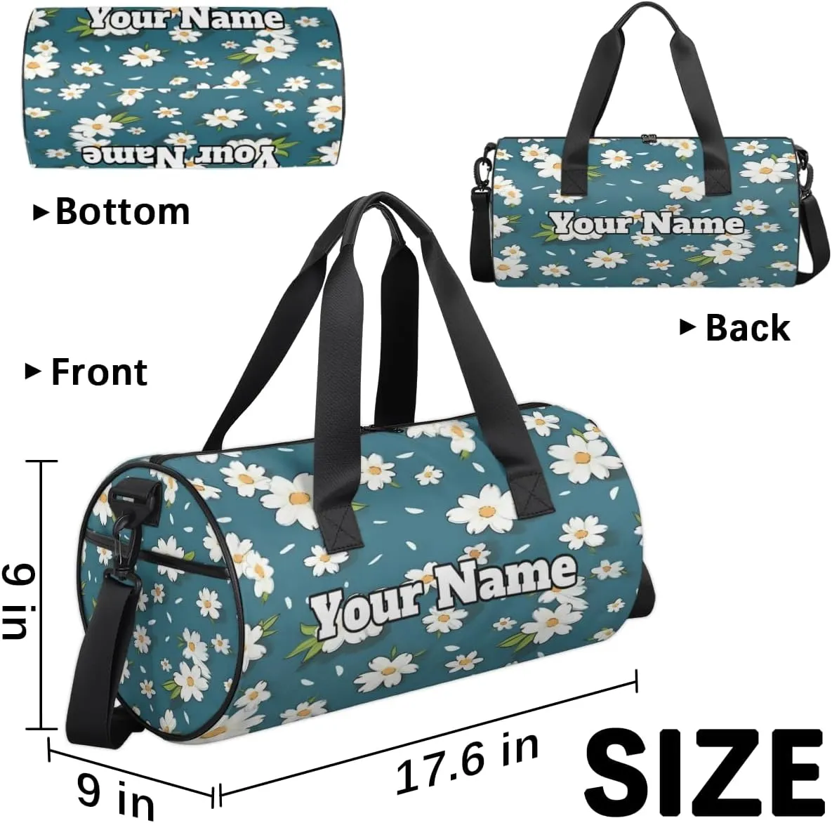 Custom Gym Bag for Women Men with Name, Personalized Daisy Floral Duffel Bag for Sports, Waterproof Dance Bag, Lightweight Carryon Gym Bag, Spring Flower