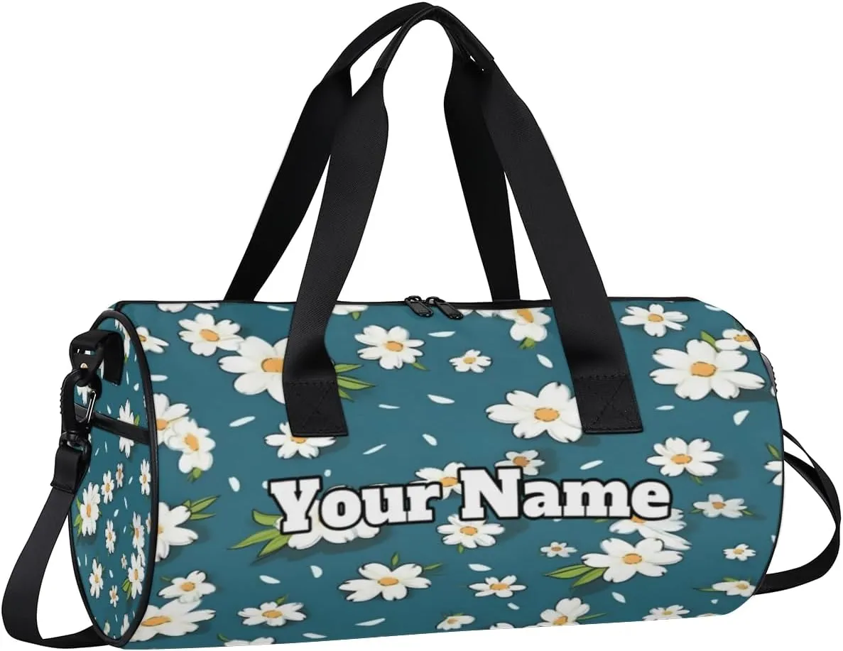 Custom Gym Bag for Women Men with Name, Personalized Daisy Floral Duffel Bag for Sports, Waterproof Dance Bag, Lightweight Carryon Gym Bag, Spring Flower