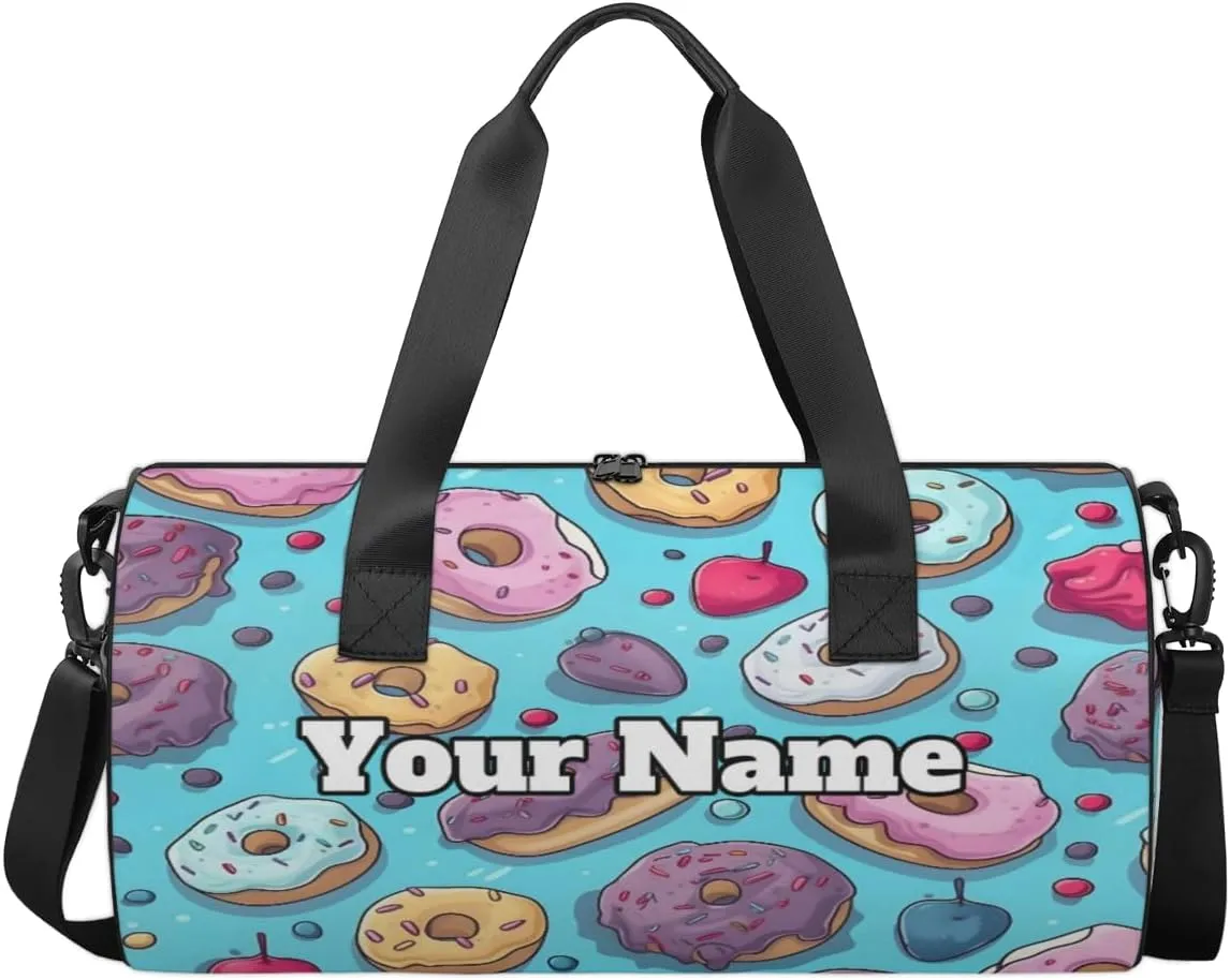 Custom Gym Bag for Women Men with Name, Personalized Doughnuts Duffel Bag for Sports, Waterproof Dance Bag, Lightweight Carryon Gym Bag, Sweet Doughnuts