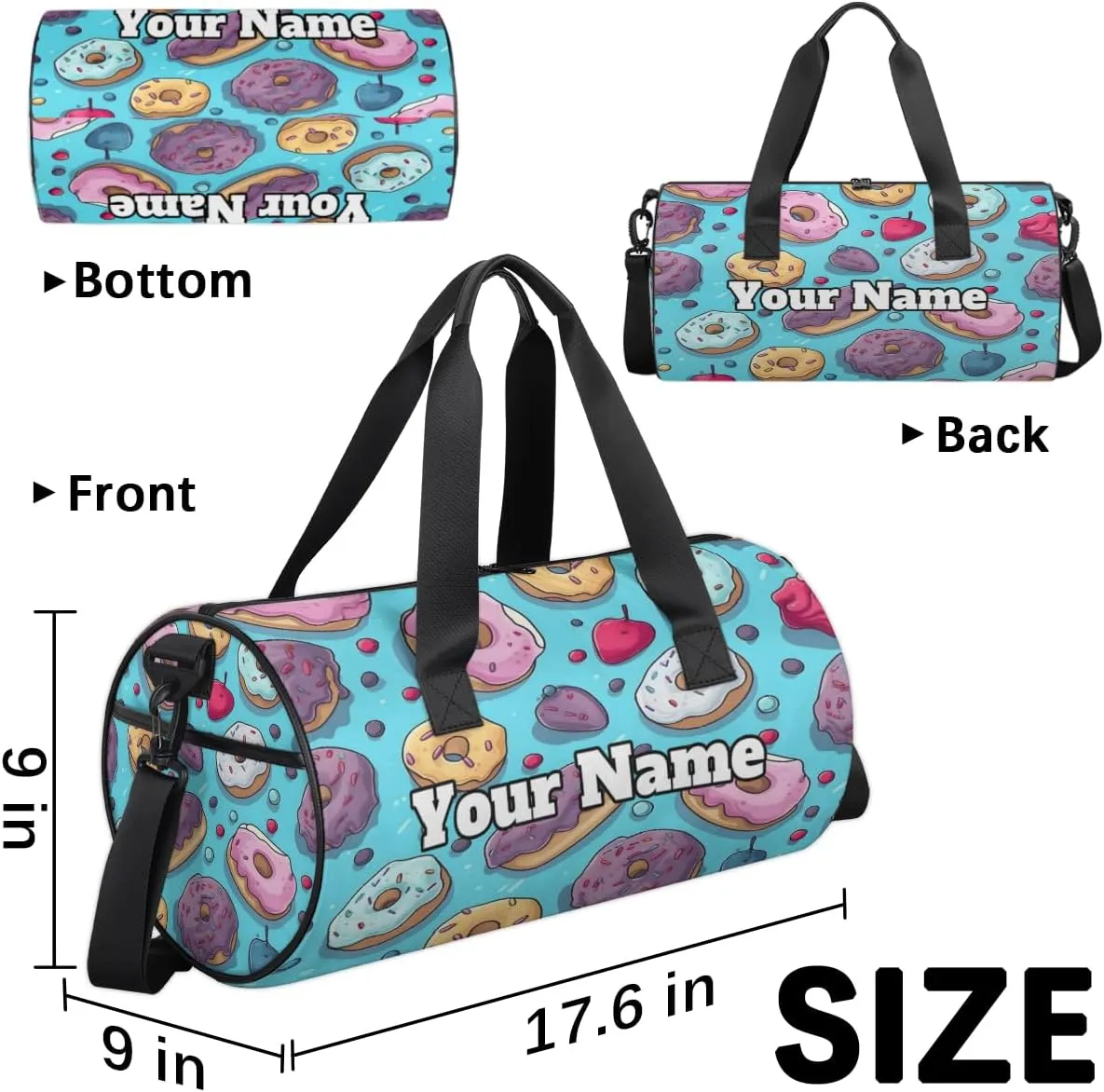Custom Gym Bag for Women Men with Name, Personalized Doughnuts Duffel Bag for Sports, Waterproof Dance Bag, Lightweight Carryon Gym Bag, Sweet Doughnuts