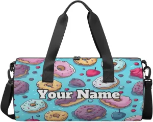 Custom Gym Bag for Women Men with Name, Personalized Doughnuts Duffel Bag for Sports, Waterproof Dance Bag, Lightweight Carryon Gym Bag, Sweet Doughnuts