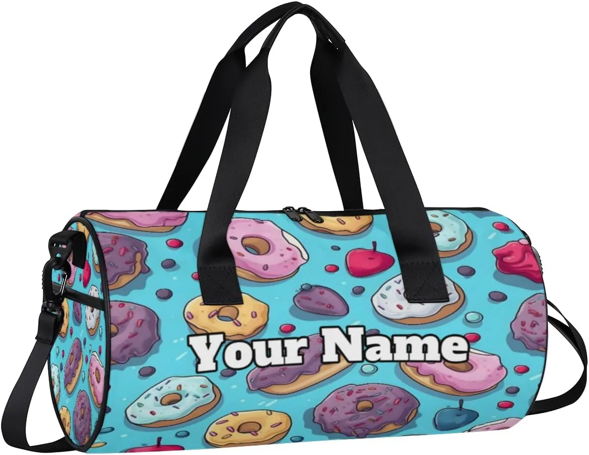 Custom Gym Bag for Women Men with Name, Personalized Doughnuts Duffel Bag for Sports, Waterproof Dance Bag, Lightweight Carryon Gym Bag, Sweet Doughnuts