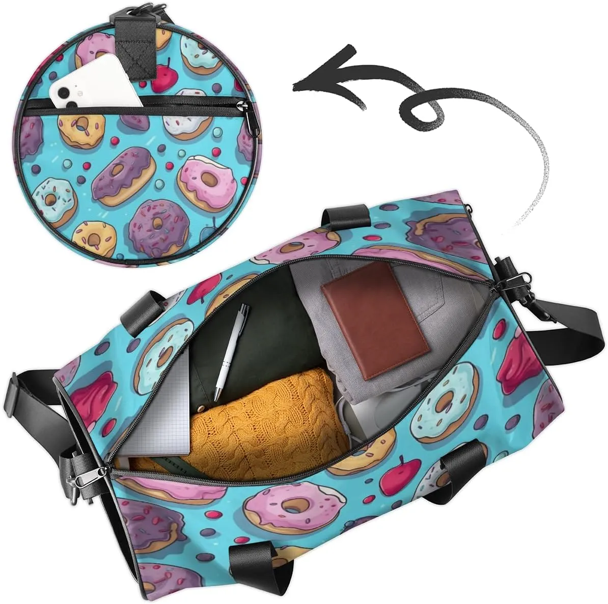 Custom Gym Bag for Women Men with Name, Personalized Doughnuts Duffel Bag for Sports, Waterproof Dance Bag, Lightweight Carryon Gym Bag, Sweet Doughnuts