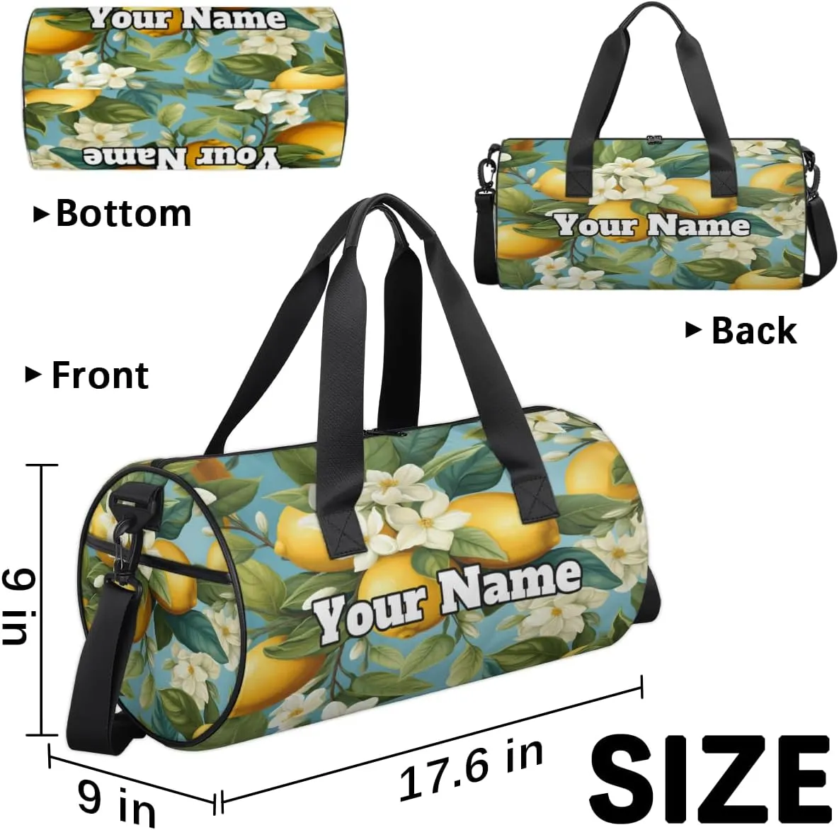 Custom Gym Bag for Women Men with Name, Personalized Fresh Lemon Duffel Bag for Sports, Waterproof Dance Bag, Lightweight Carryon Gym Bag, Yellow Lemon