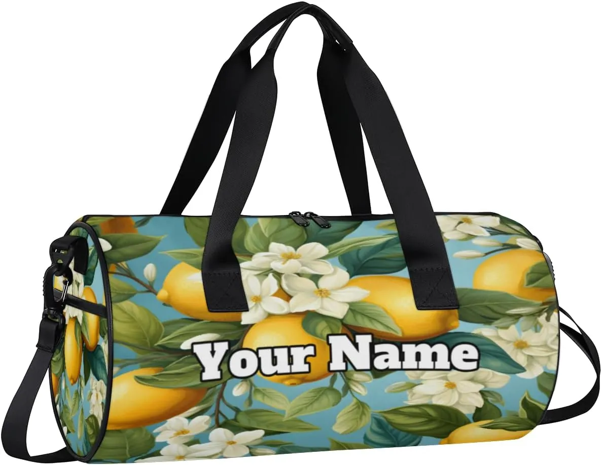 Custom Gym Bag for Women Men with Name, Personalized Fresh Lemon Duffel Bag for Sports, Waterproof Dance Bag, Lightweight Carryon Gym Bag, Yellow Lemon