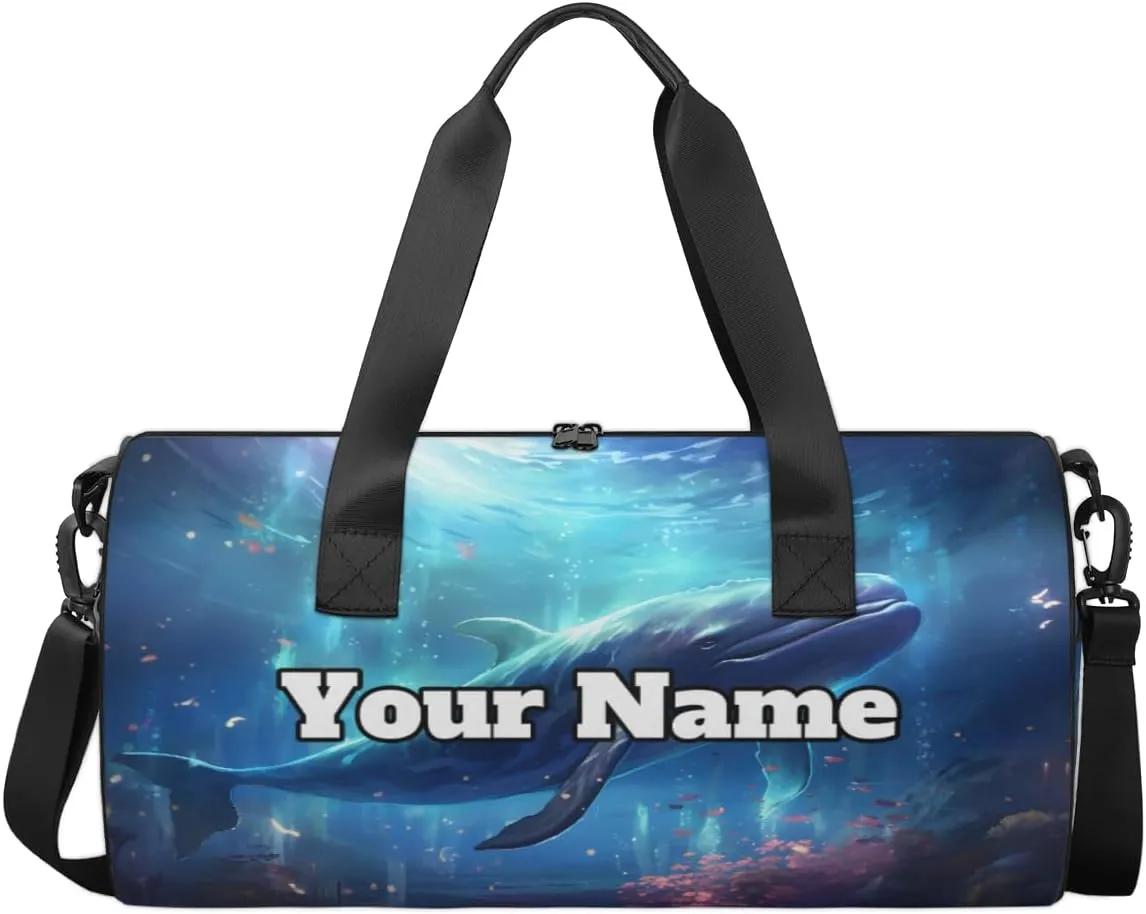 Custom Gym Bag for Women Men with Name, Personalized Funny Whale Duffel Bag for Sports, Waterproof Dance Bag, Lightweight Carryon Gym Bag, Whale