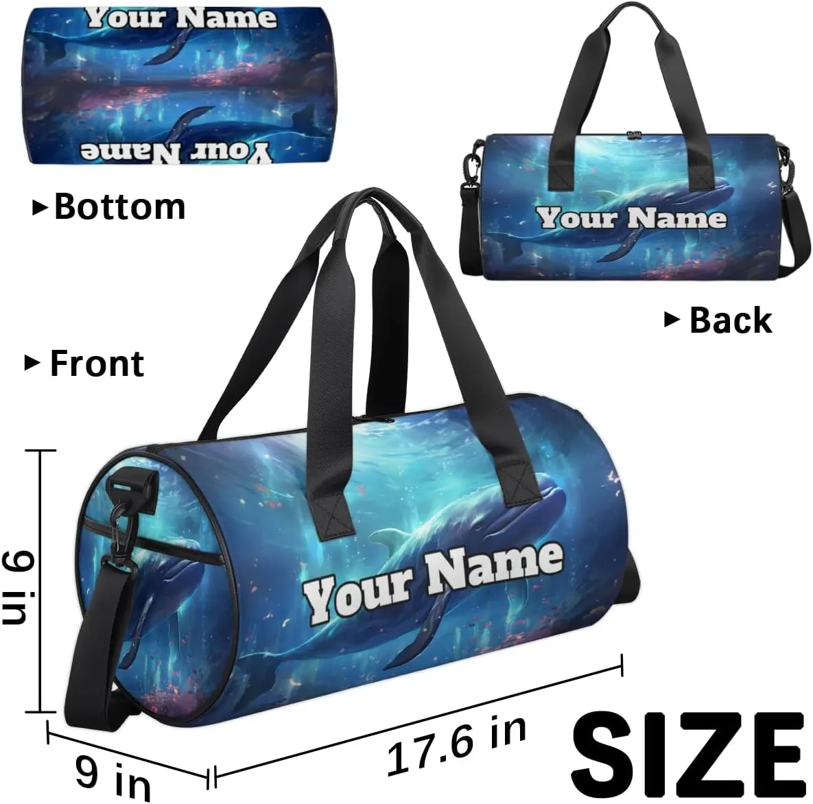 Custom Gym Bag for Women Men with Name, Personalized Funny Whale Duffel Bag for Sports, Waterproof Dance Bag, Lightweight Carryon Gym Bag, Whale