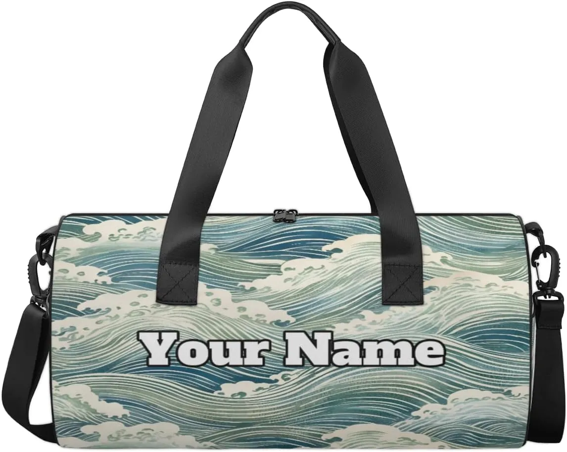Custom Gym Bag for Women Men with Name, Personalized Japanese Ocean Duffel Bag for Sports, Waterproof Dance Bag, Lightweight Carryon Gym Bag, Ocean Waves