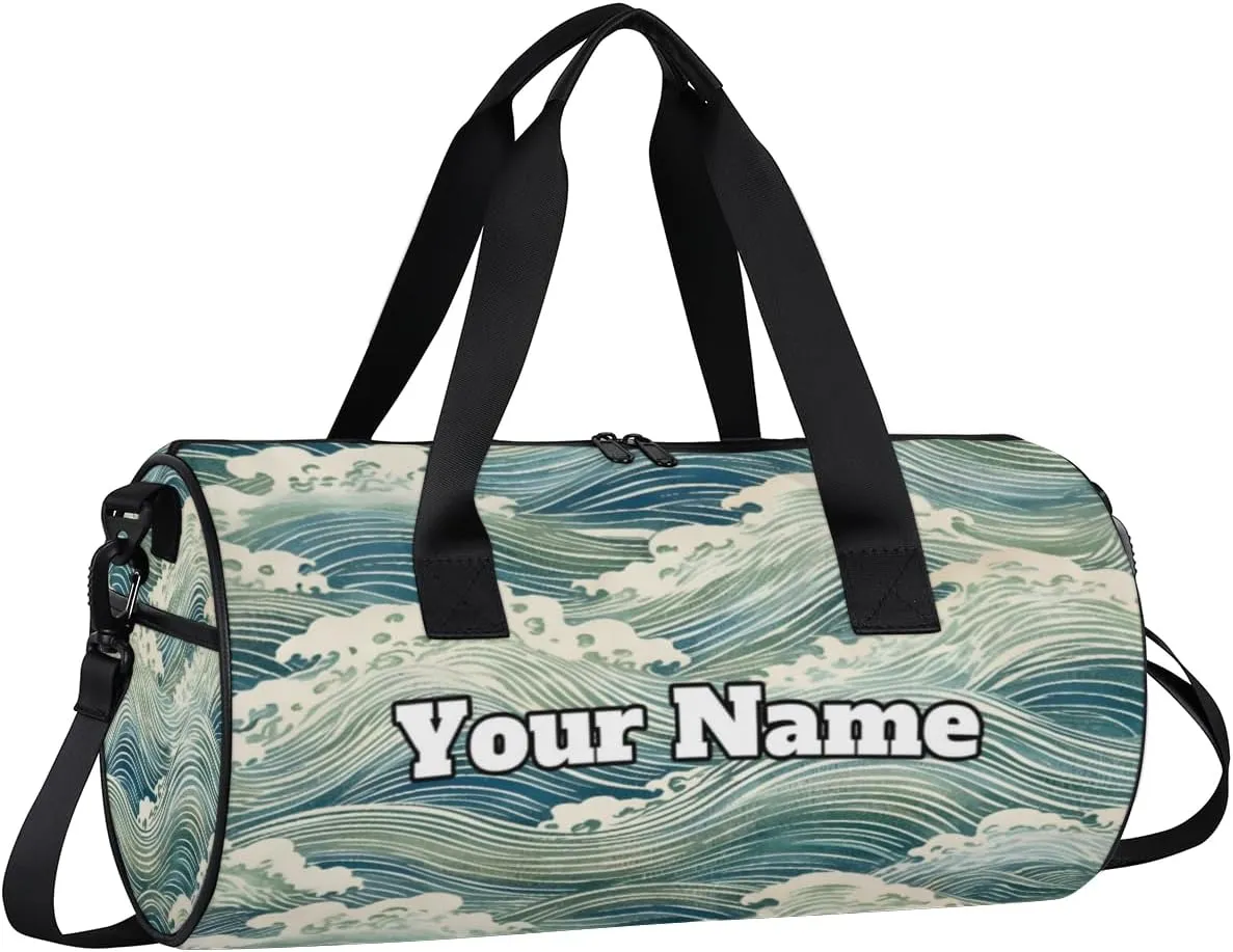 Custom Gym Bag for Women Men with Name, Personalized Japanese Ocean Duffel Bag for Sports, Waterproof Dance Bag, Lightweight Carryon Gym Bag, Ocean Waves
