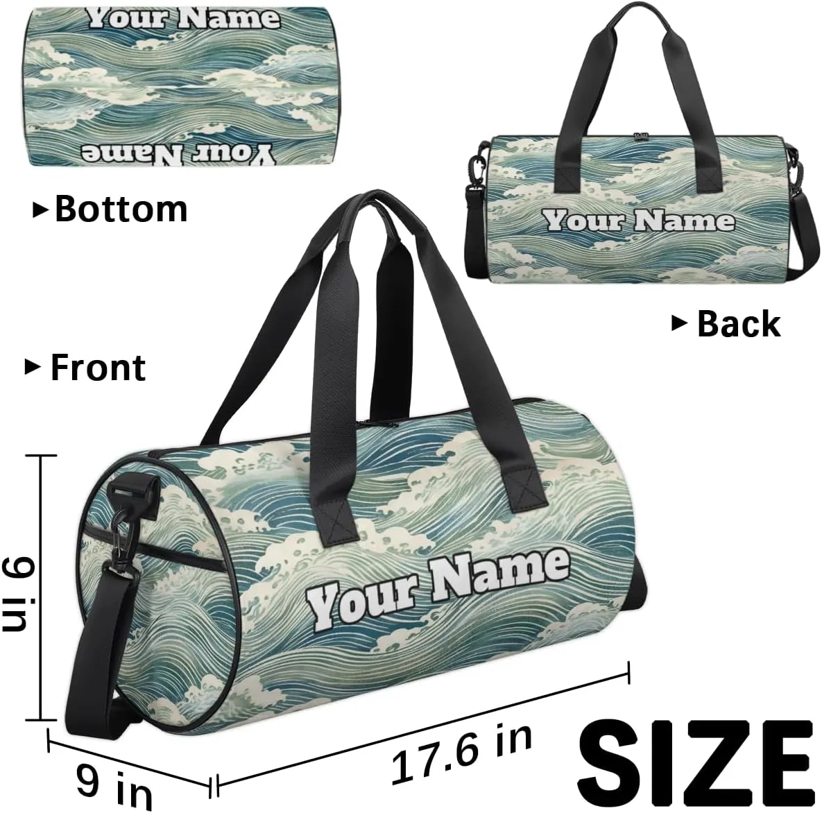 Custom Gym Bag for Women Men with Name, Personalized Japanese Ocean Duffel Bag for Sports, Waterproof Dance Bag, Lightweight Carryon Gym Bag, Ocean Waves